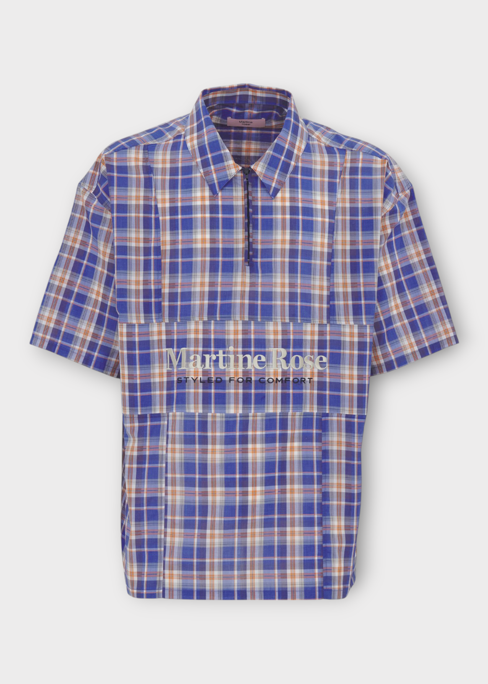 Martine Rose Martine Rose Shirt, Print, Cotton Half Zip Collared Short Sleeve Shirt In Blue & Red w/ Check Print