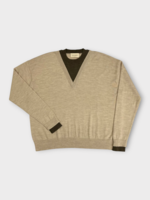 Alexandra Golovanoff AGT Knitwear, Beige, Aurele Wool V-Neck Sweater in Foin Beige & Wood Green