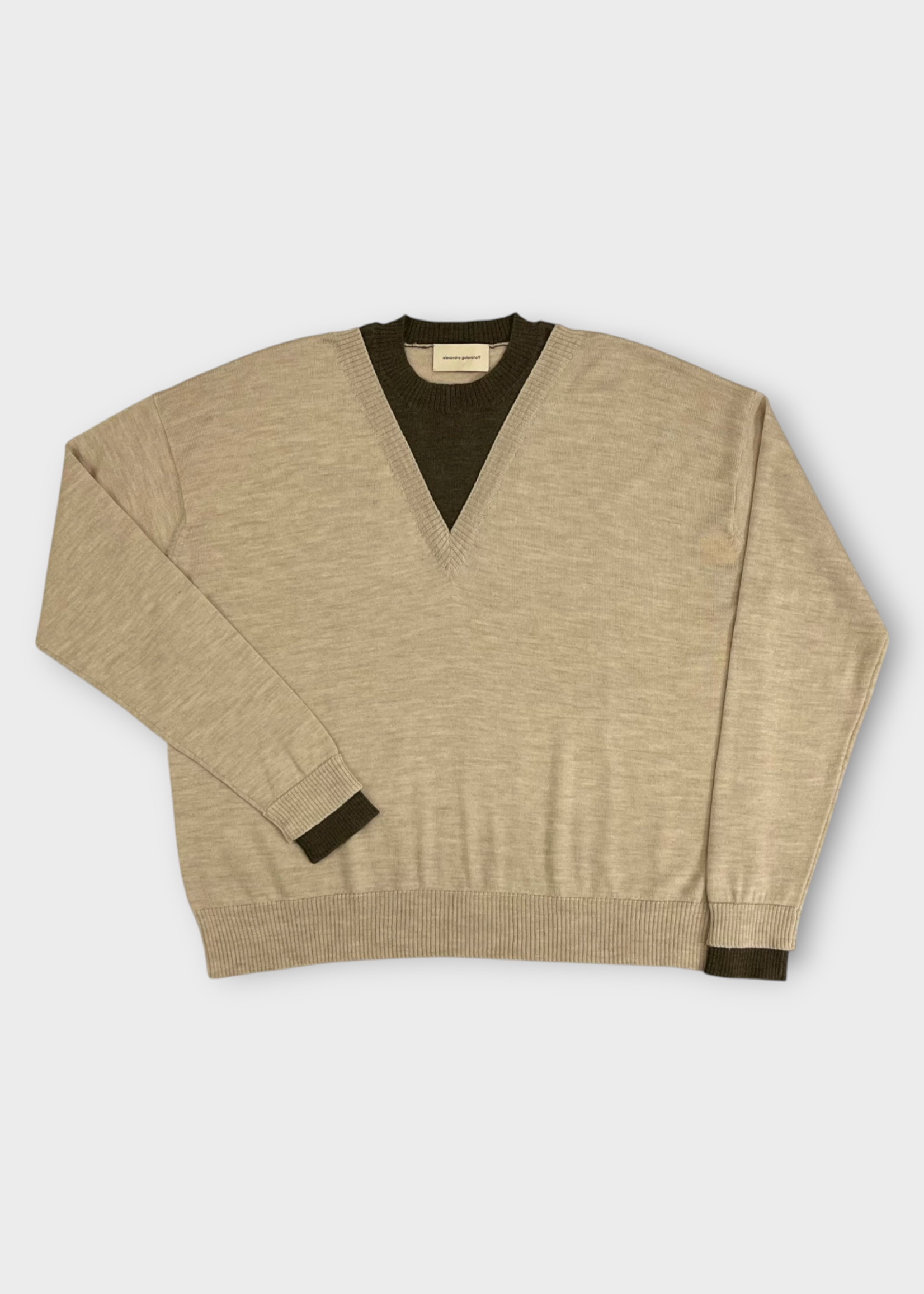 Alexandra Golovanoff AGT Knitwear, Beige, Aurele Wool V-Neck Sweater in Foin Beige & Wood Green
