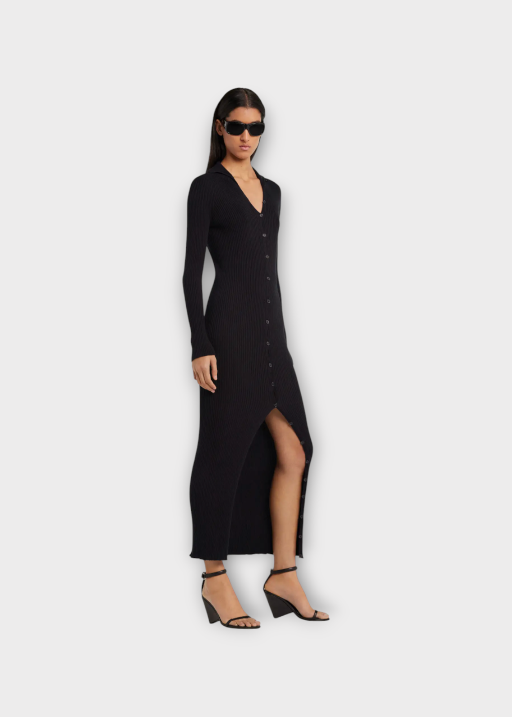Courreges Courreges Dress, Black, Collared Light Ribbed Button Up Cardigan Long Dress