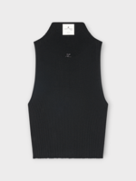 Courreges Courreges Top, Black, High Mockneck Sleeveless Light Ribbed Top