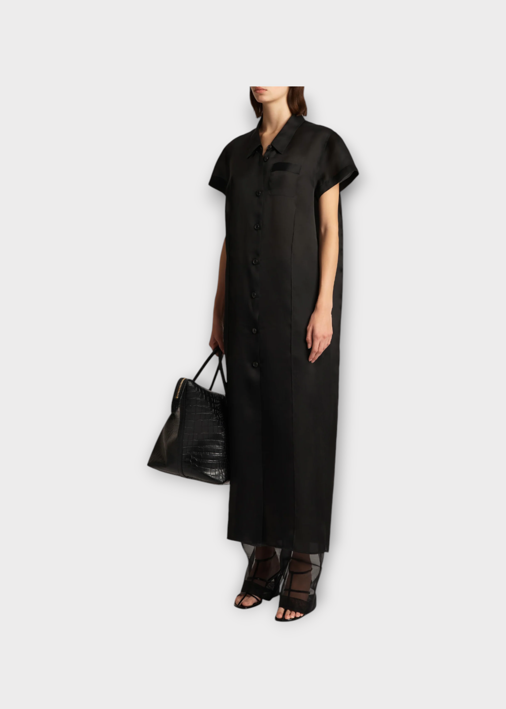 Khaite Khaite Dress, Black, Effy Organza Collared Short Sleeve Buttoned Long Dress In Black