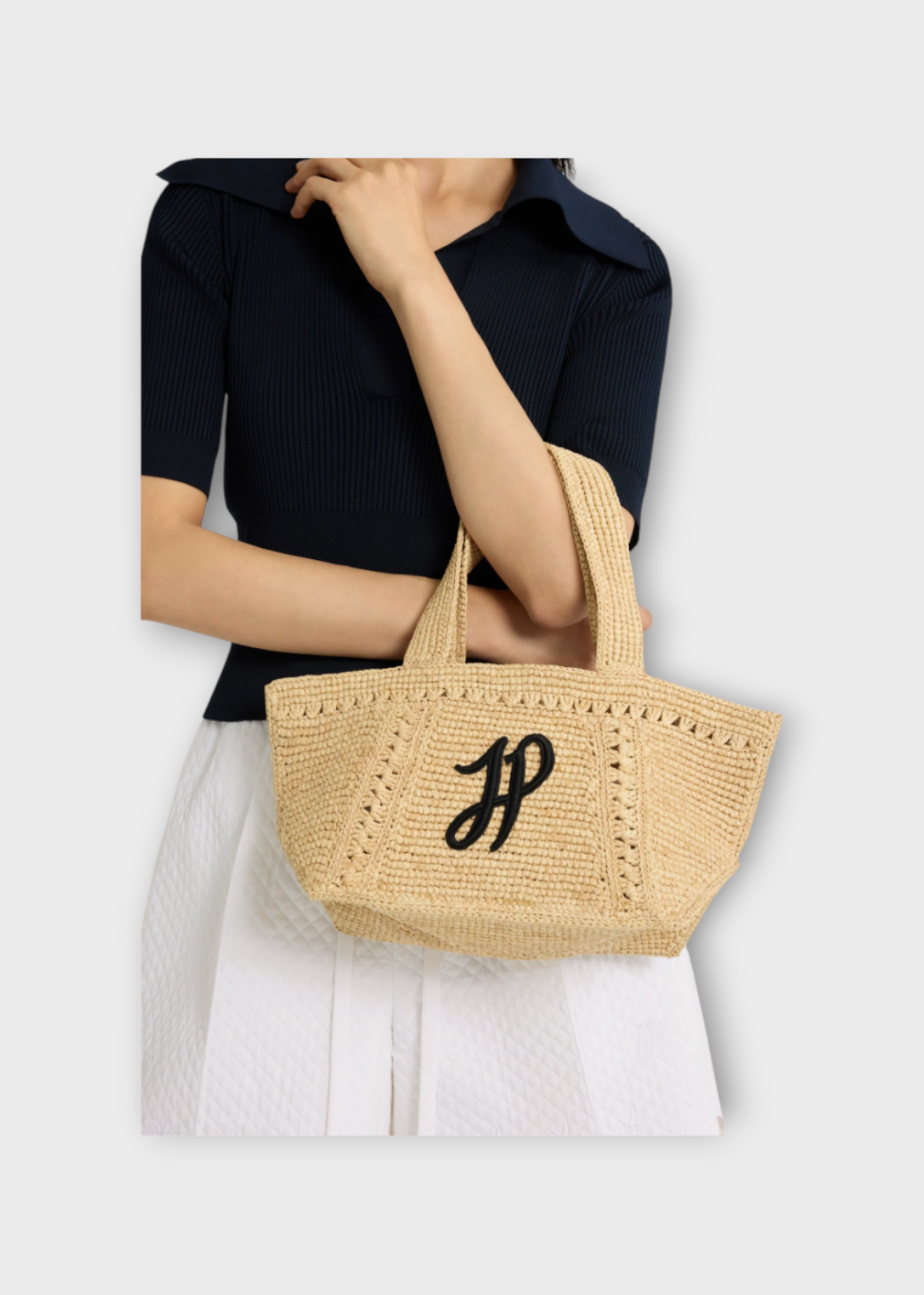 Patou Patou Bag, Beige, Raffia Small Trapeze Tote Bag In Vanilla w/ Monogram Embroidery