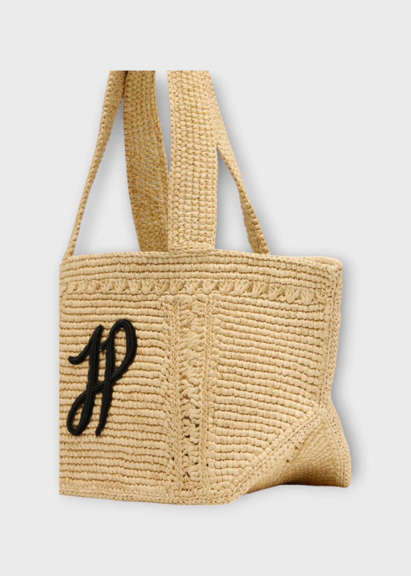 Patou Patou Bag, Beige, Raffia Small Trapeze Tote Bag In Vanilla w/ Monogram Embroidery