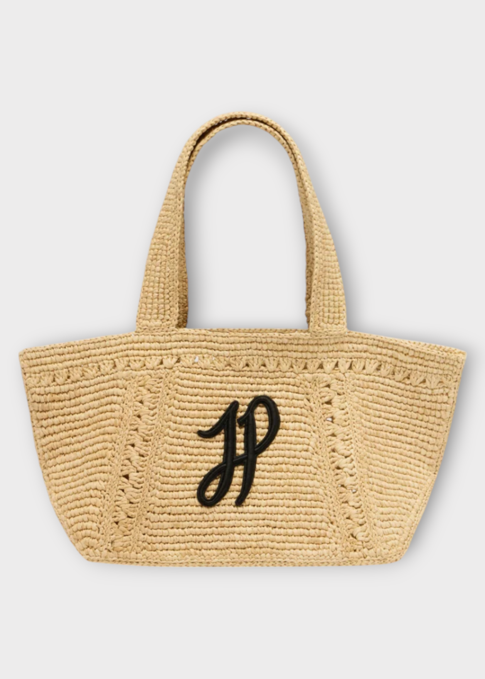 Patou Patou Bag, Beige, Raffia Small Trapeze Tote Bag In Vanilla w/ Monogram Embroidery