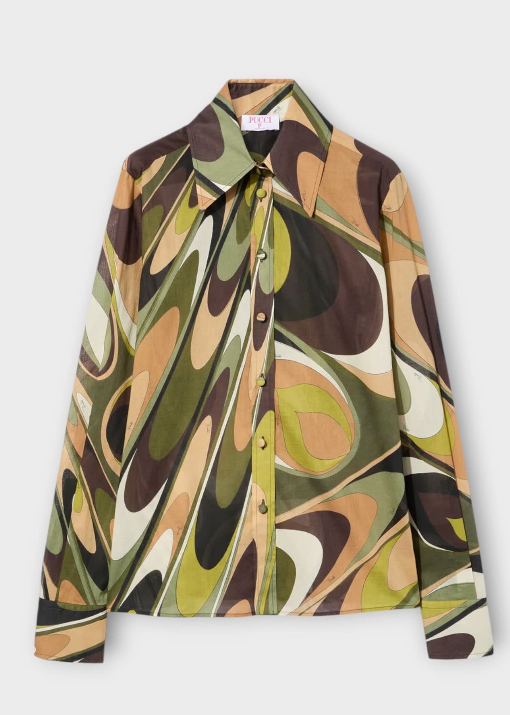 Emilio Pucci Emilio Pucci Shirt, Print, Cotton Muslin Fitted Shirt In Khaki w/ Abstract Print