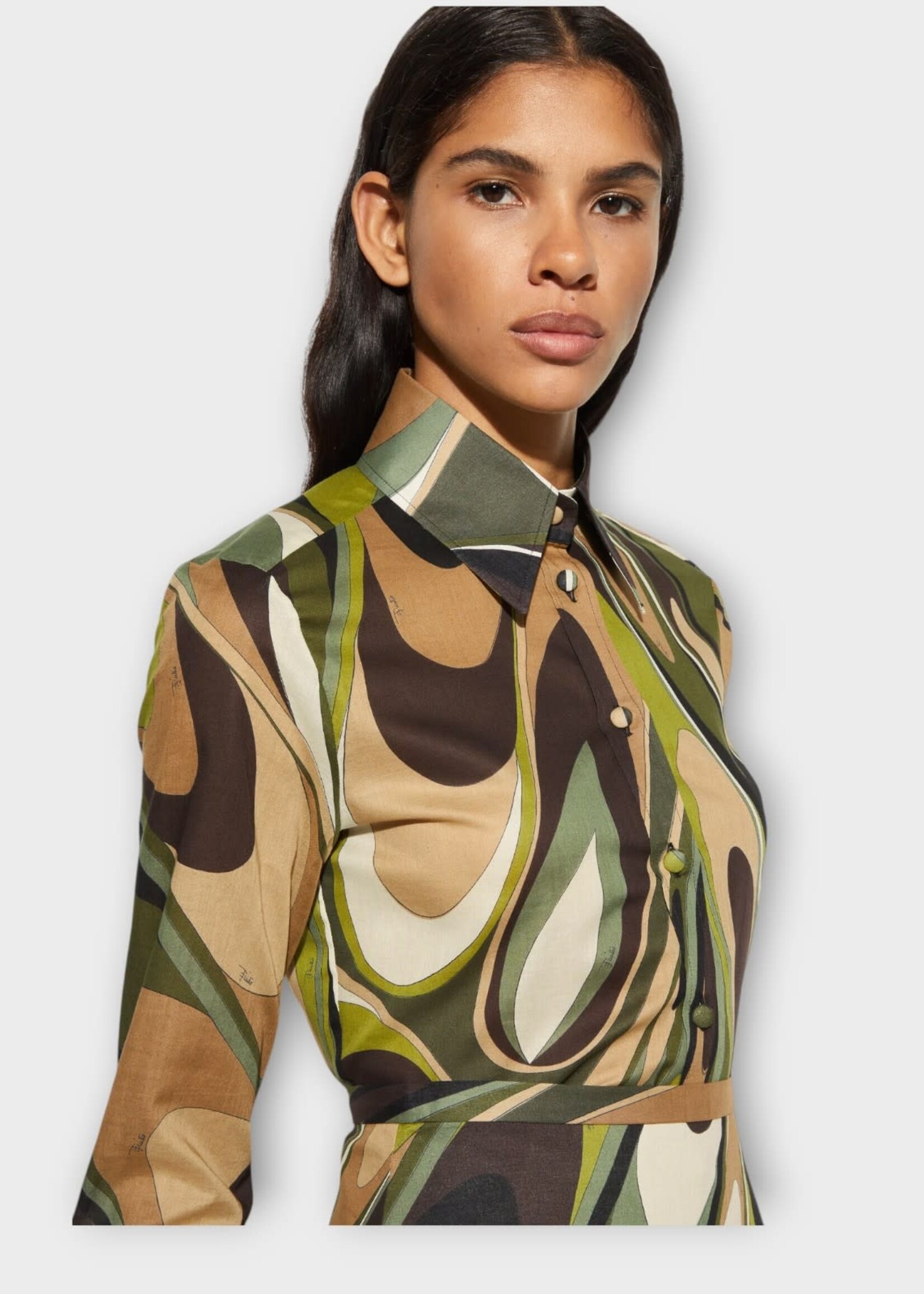 Emilio Pucci Emilio Pucci Shirt, Print, Cotton Muslin Fitted Shirt In Khaki w/ Abstract Print