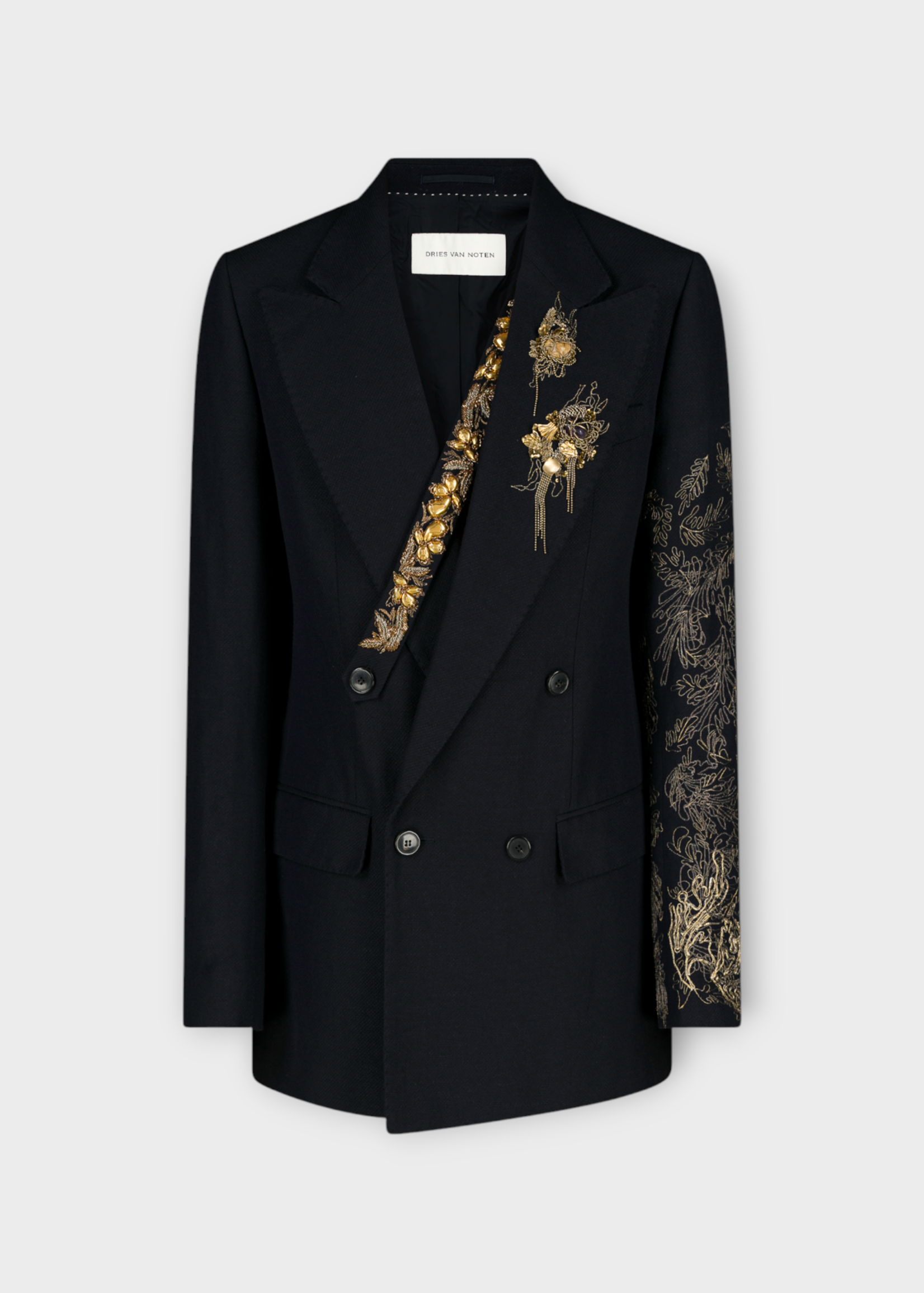 Dries Van Noten Dries Van Noten Jacket, Navy, Barton Double Breasted Blazer w/ Gold Embroidery & Semi Precious Stones