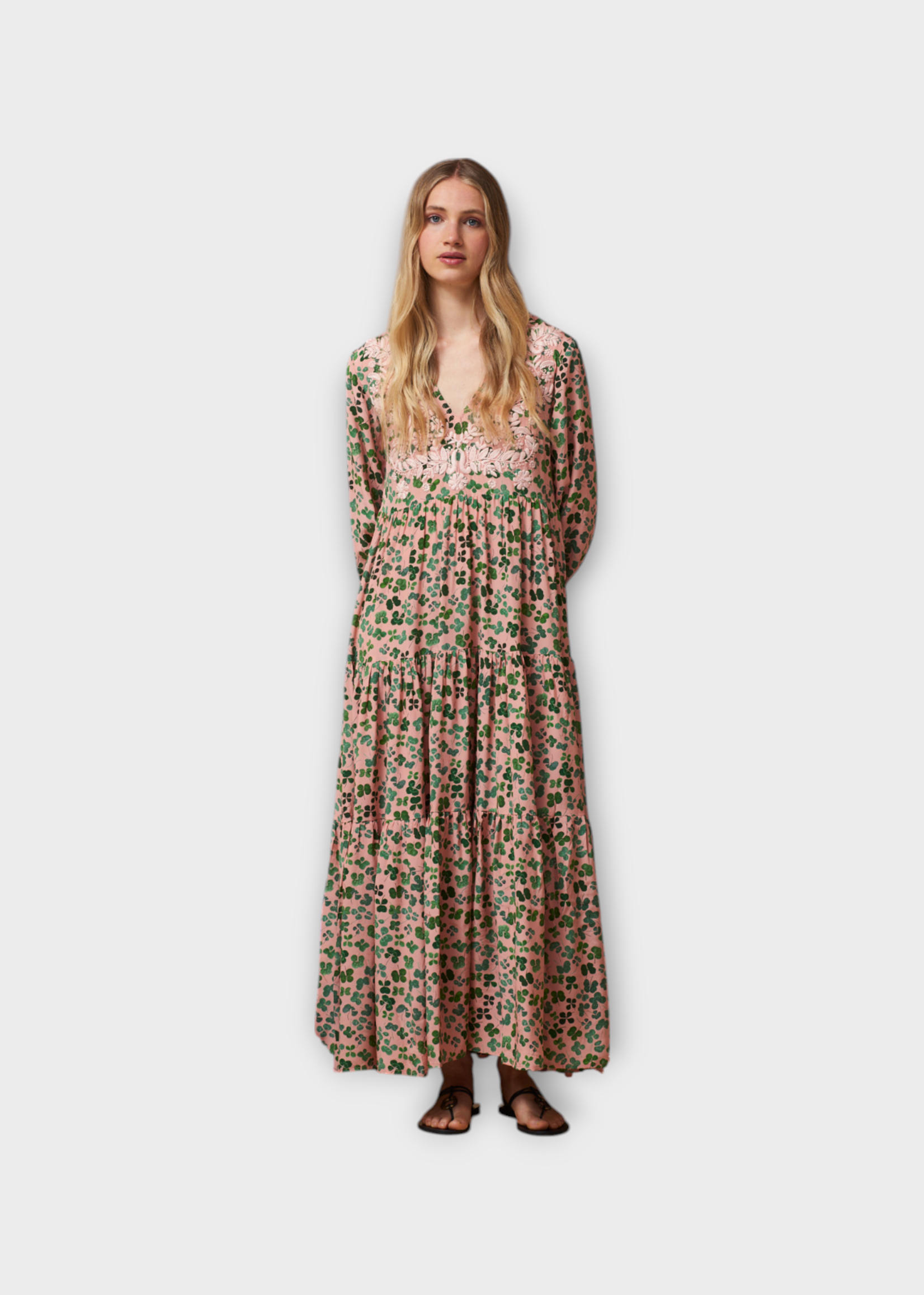 Muzungu Sisters Muzungu Sisters Dress, Print, Frangipani Silk V-Neck Long Dress In Pink Four Leaf Clover w/ Floral Embroidery