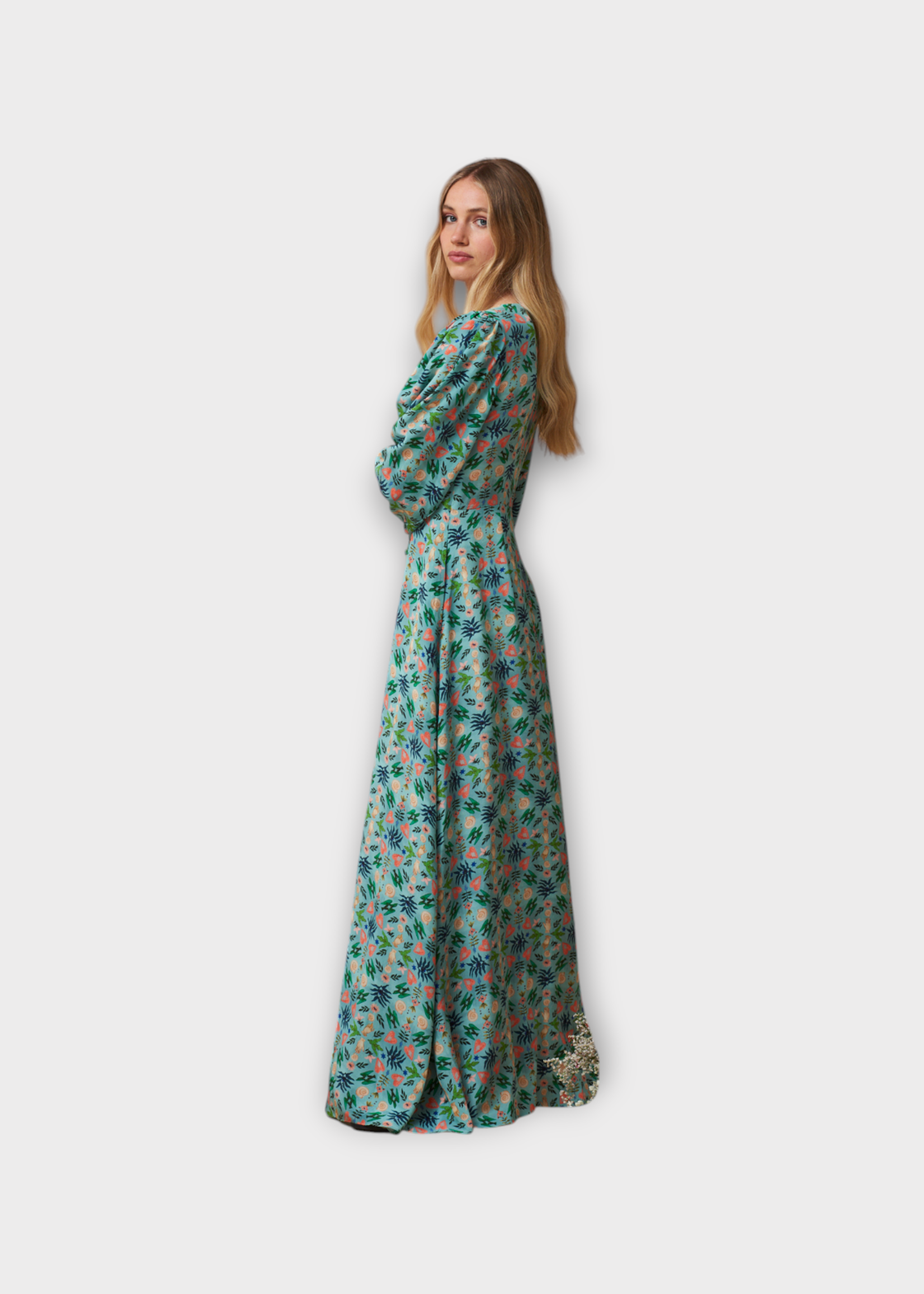 Muzungu Sisters Muzungu Sisters Dress, Print, Tania Silk V-Neck Balloon Sleeves Long Dress In Light Blue Kaleidoscope Charms w/ Buttons