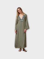 Muzungu Sisters Muzungu Sisters Dress, Print, Vera Silk V-Neck Long Sleeve Kaftan In Yellow & Black Starflower Tile w/ Embroidery