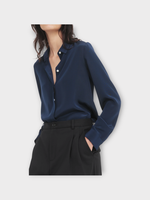 Partow Partow Shirt, Navy, Edie Silk Long Sleeve Shirt In Midnight w/ Hidden Placket