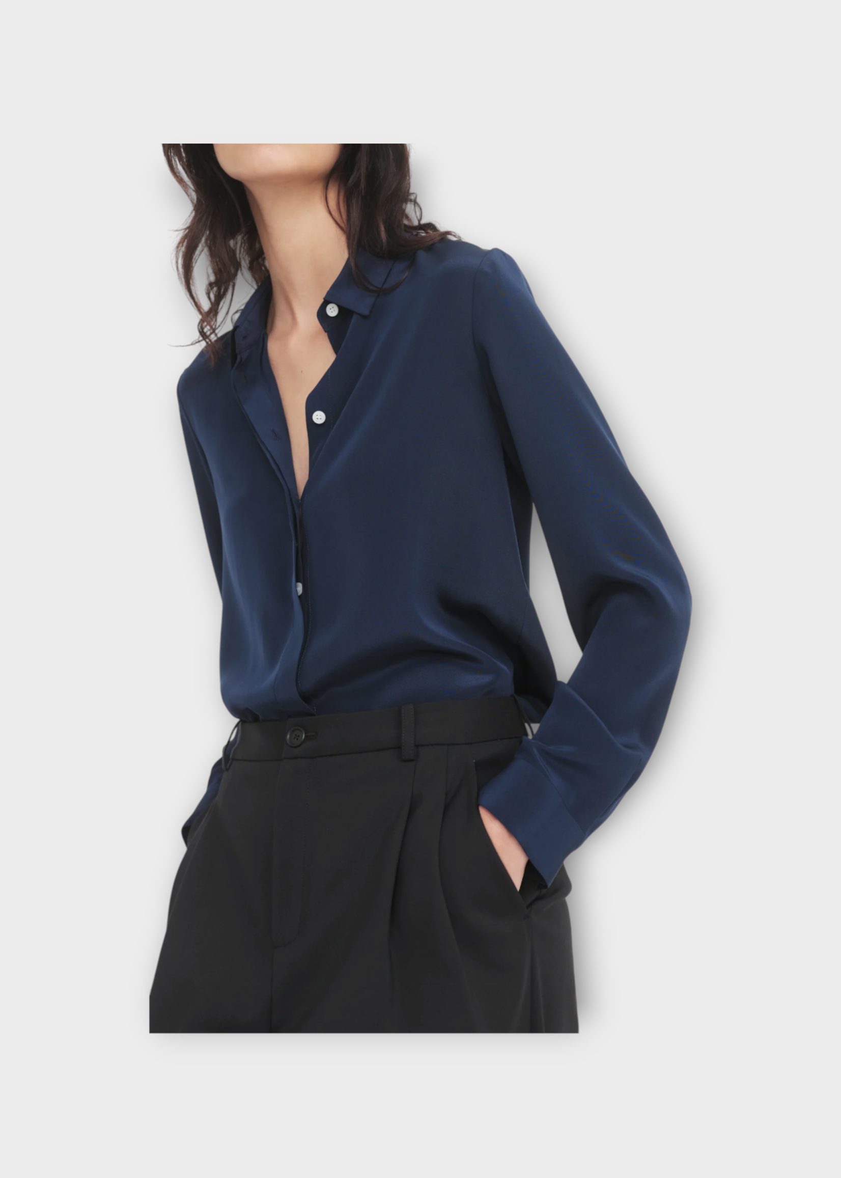 Partow Partow Shirt, Navy, Edie Silk Long Sleeve Shirt In Midnight w/ Hidden Placket