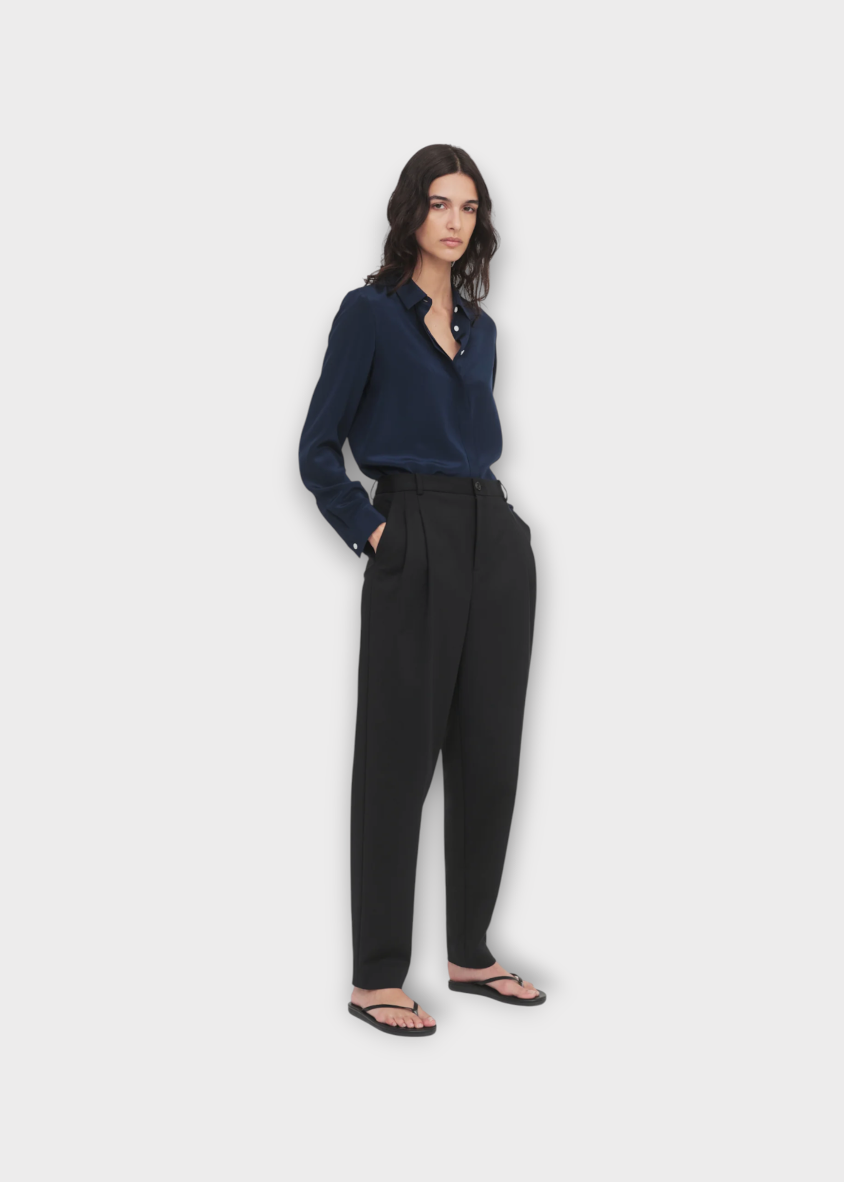 Partow Partow Shirt, Navy, Edie Silk Long Sleeve Shirt In Midnight w/ Hidden Placket