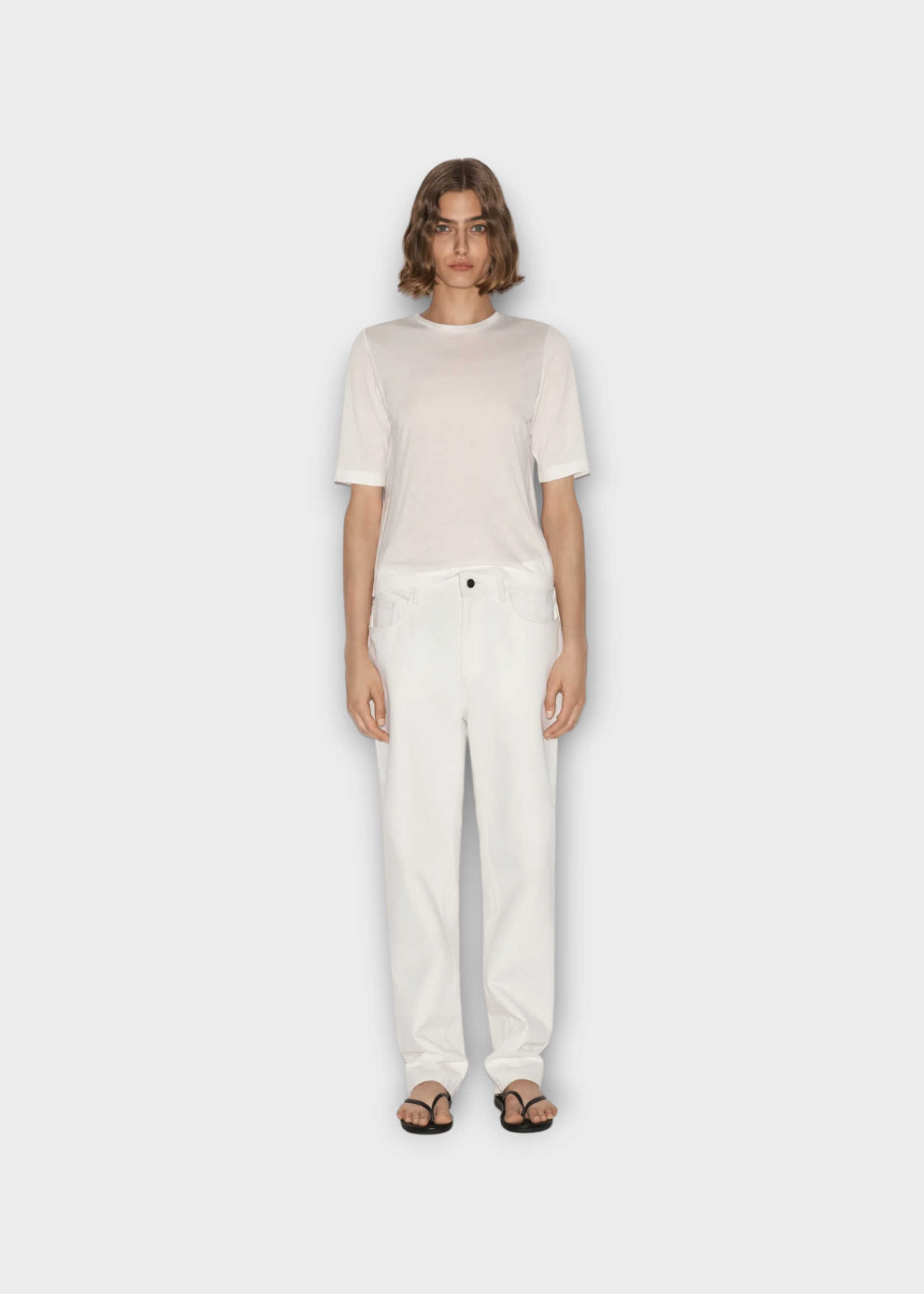 Partow Partow Jeans, White, Wyatt Cotton Denim Mid Rise Relaxed Straight Leg w/ Brushed Metal Shank Button