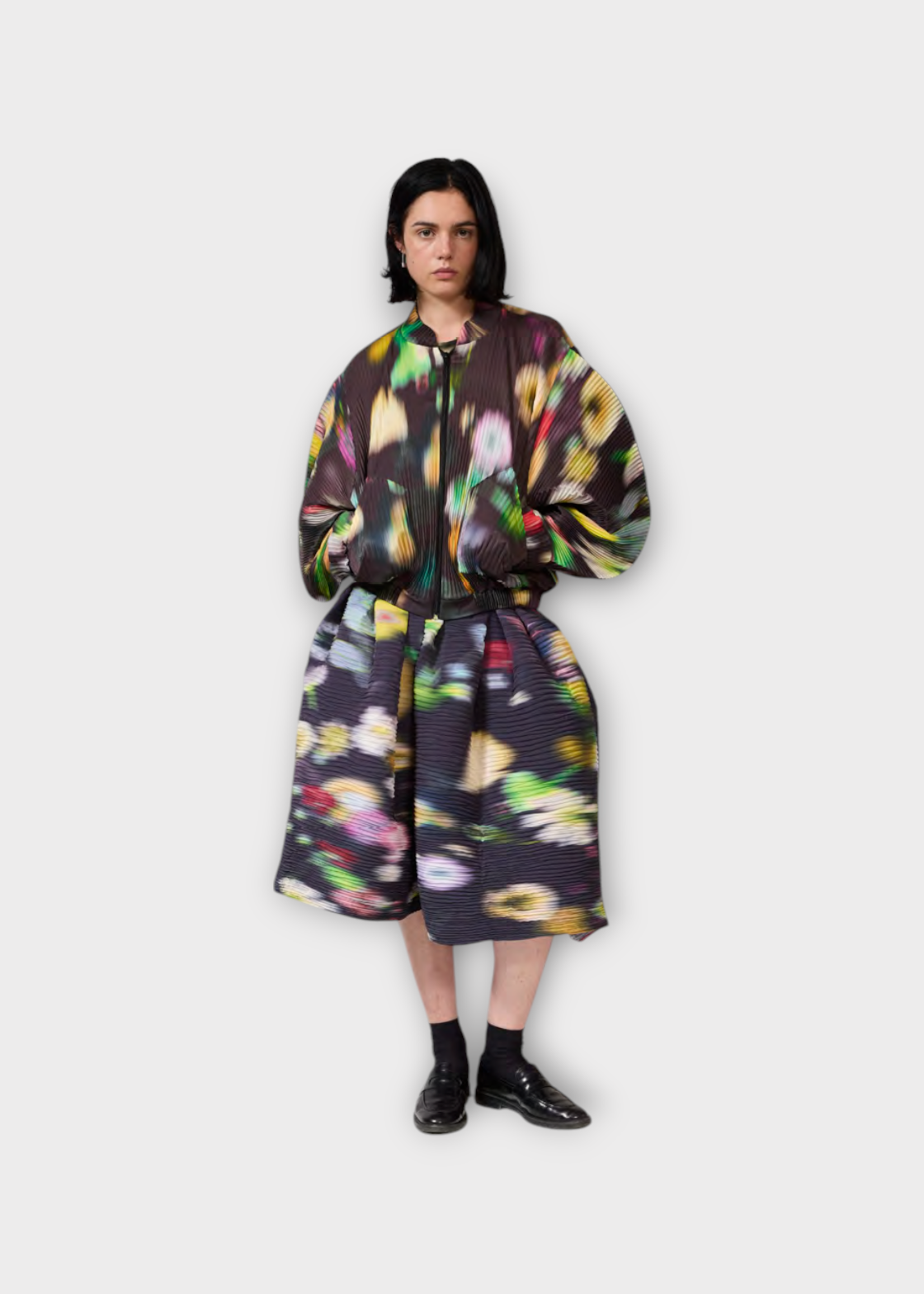 Julia Heuer Julia Heuer Coat, Print, Bexter Hand Pleated Bomber Zip Up Jacket w/ Mayu Print