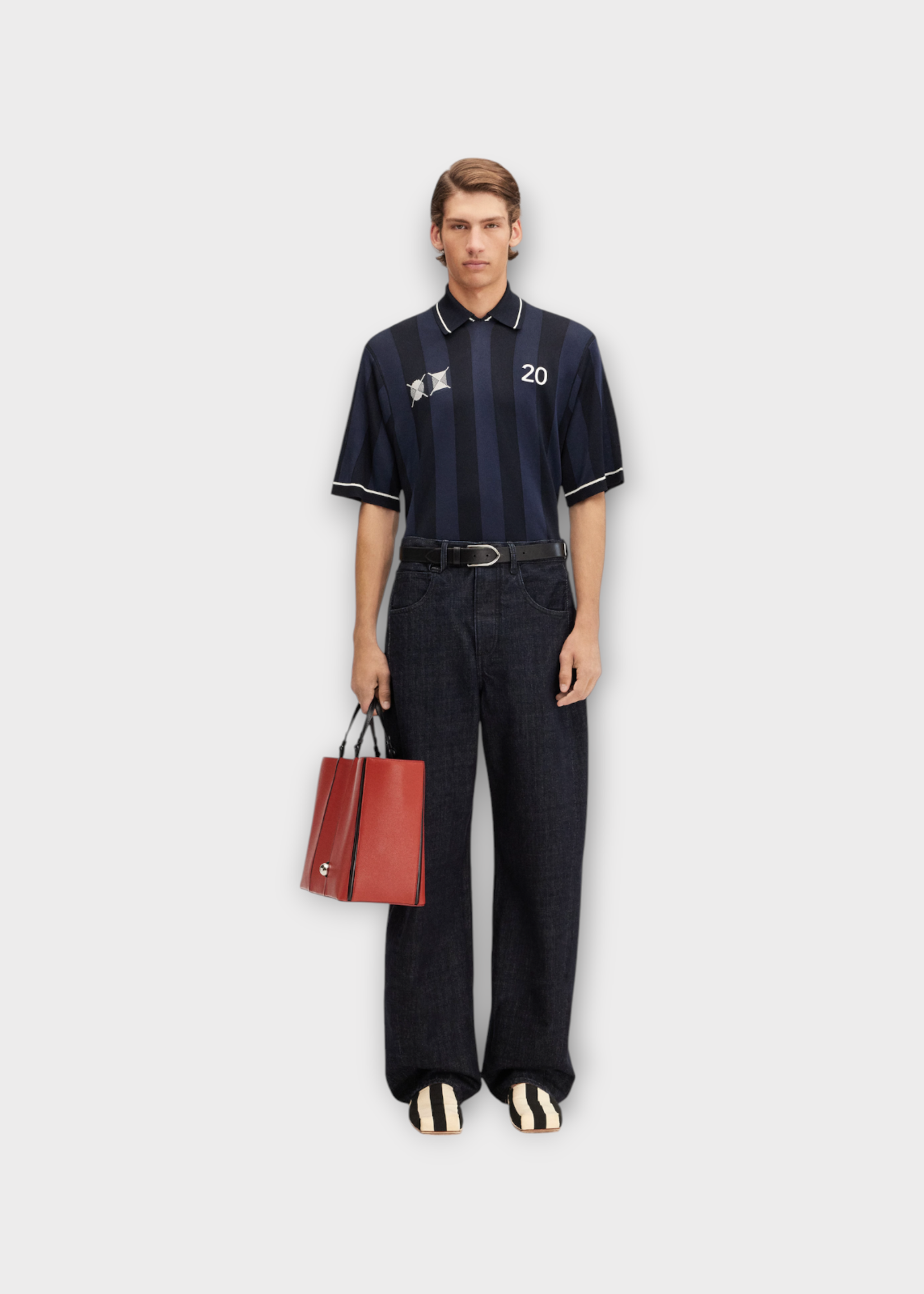 Jacquemus Jacquemus Polo, Navy, Le Polo Liga Loose Fit Collared Striped Jacquard Polo in Dark Navy