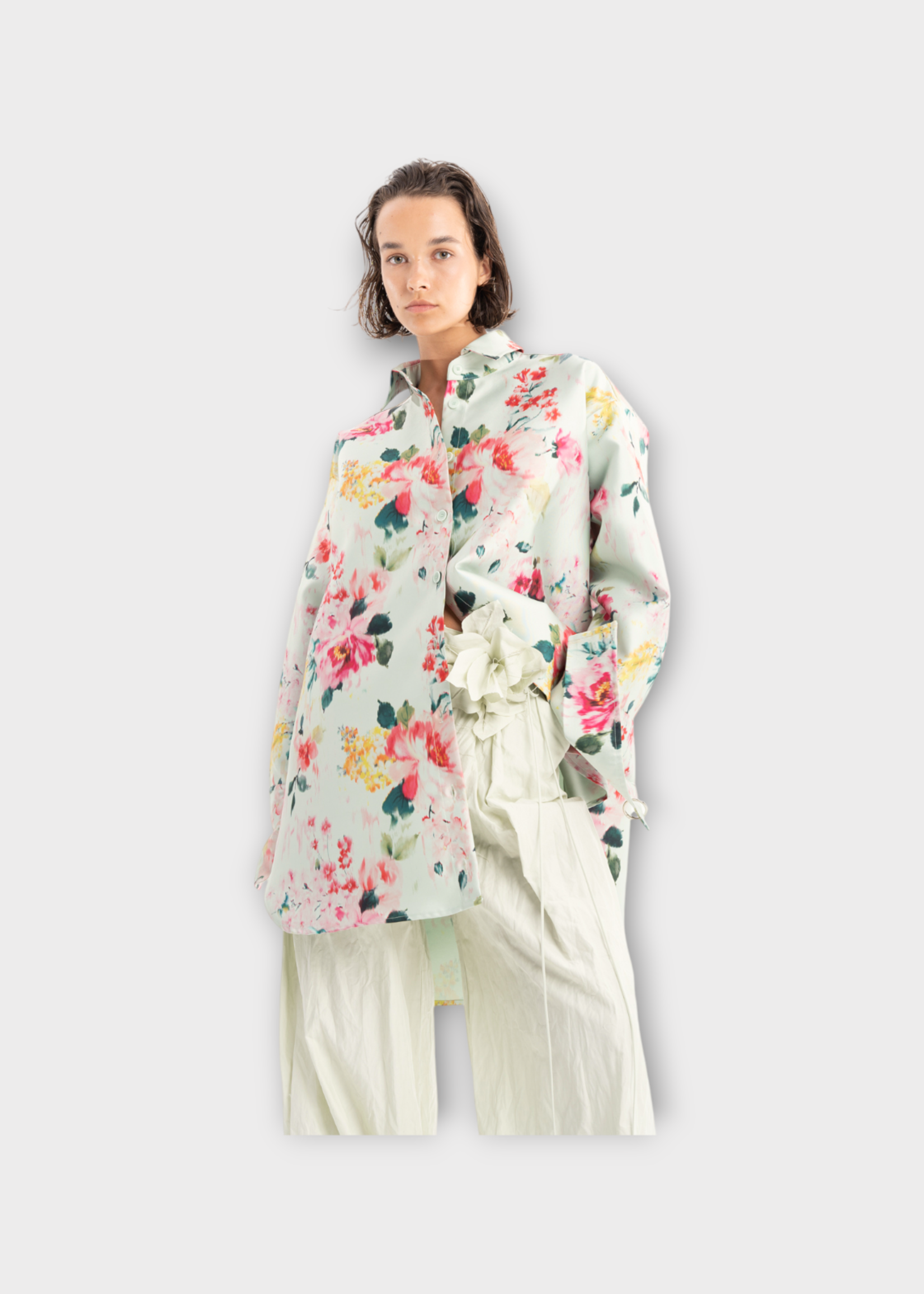 Marques' Almeida Marques Almeida Shirt, Print, Heavy Satin Oversized Collared Shirt In Mint w/ Mikado Flowers Print