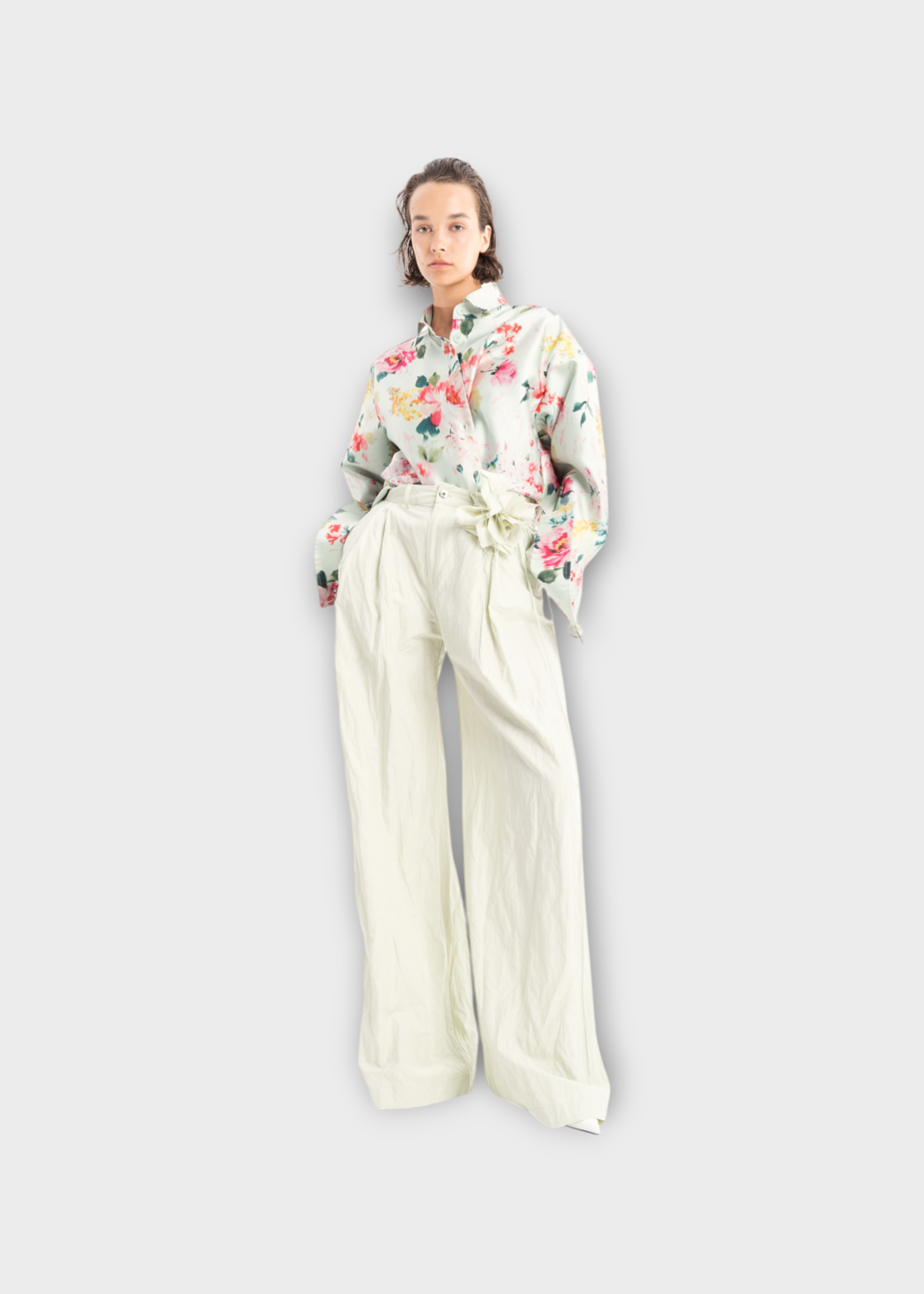 Marques' Almeida Marques Almeida Shirt, Print, Heavy Satin Oversized Collared Shirt In Mint w/ Mikado Flowers Print