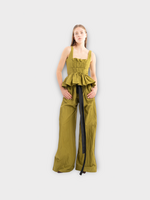 Marques' Almeida Marques Almeida Trousers, Green, Wrinkled Cotton Jogger Voluminous Pants In Khaki w/ Waistband Tie