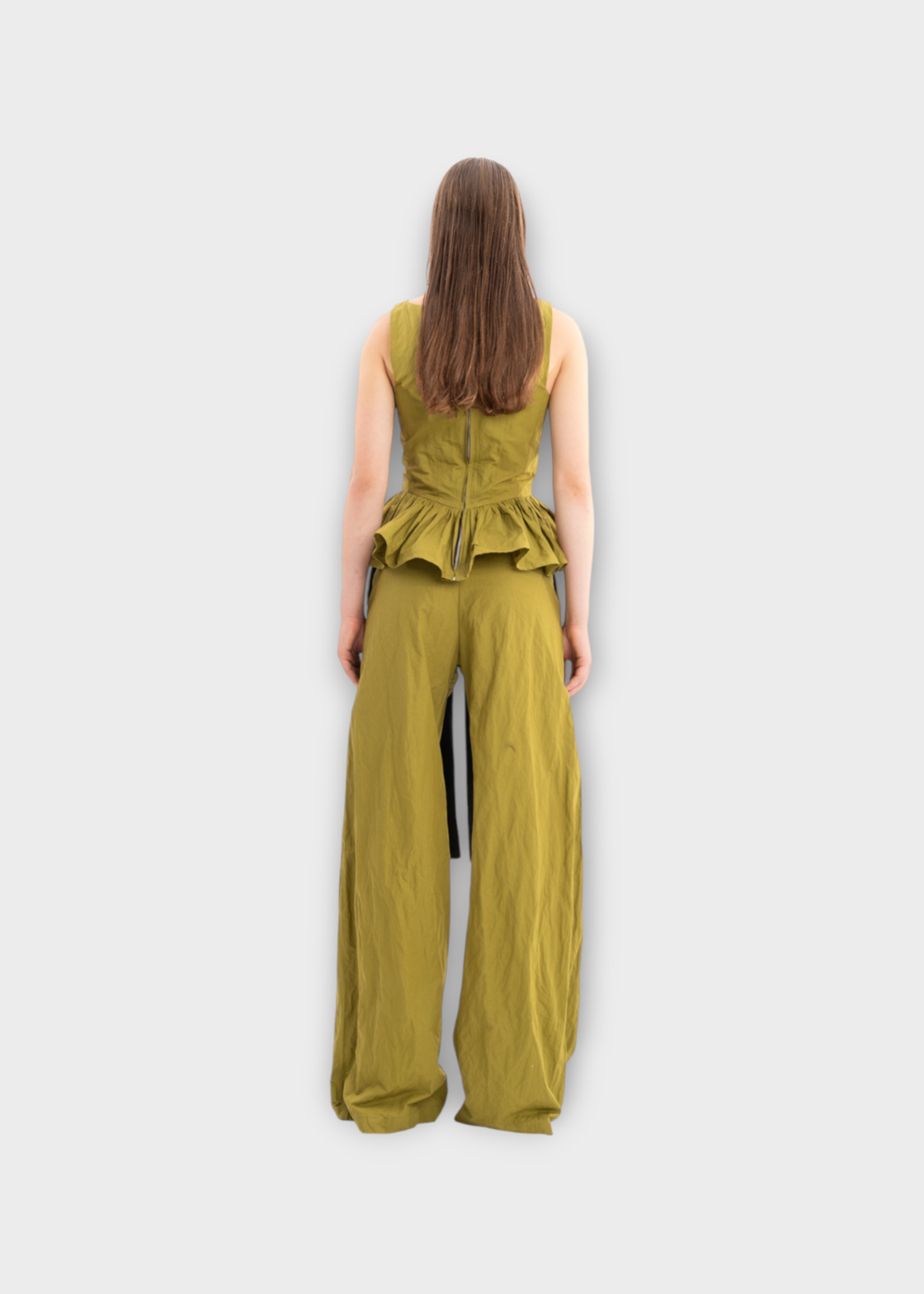 Marques' Almeida Marques Almeida Trousers, Green, Wrinkled Cotton Jogger Voluminous Pants In Khaki w/ Waistband Tie