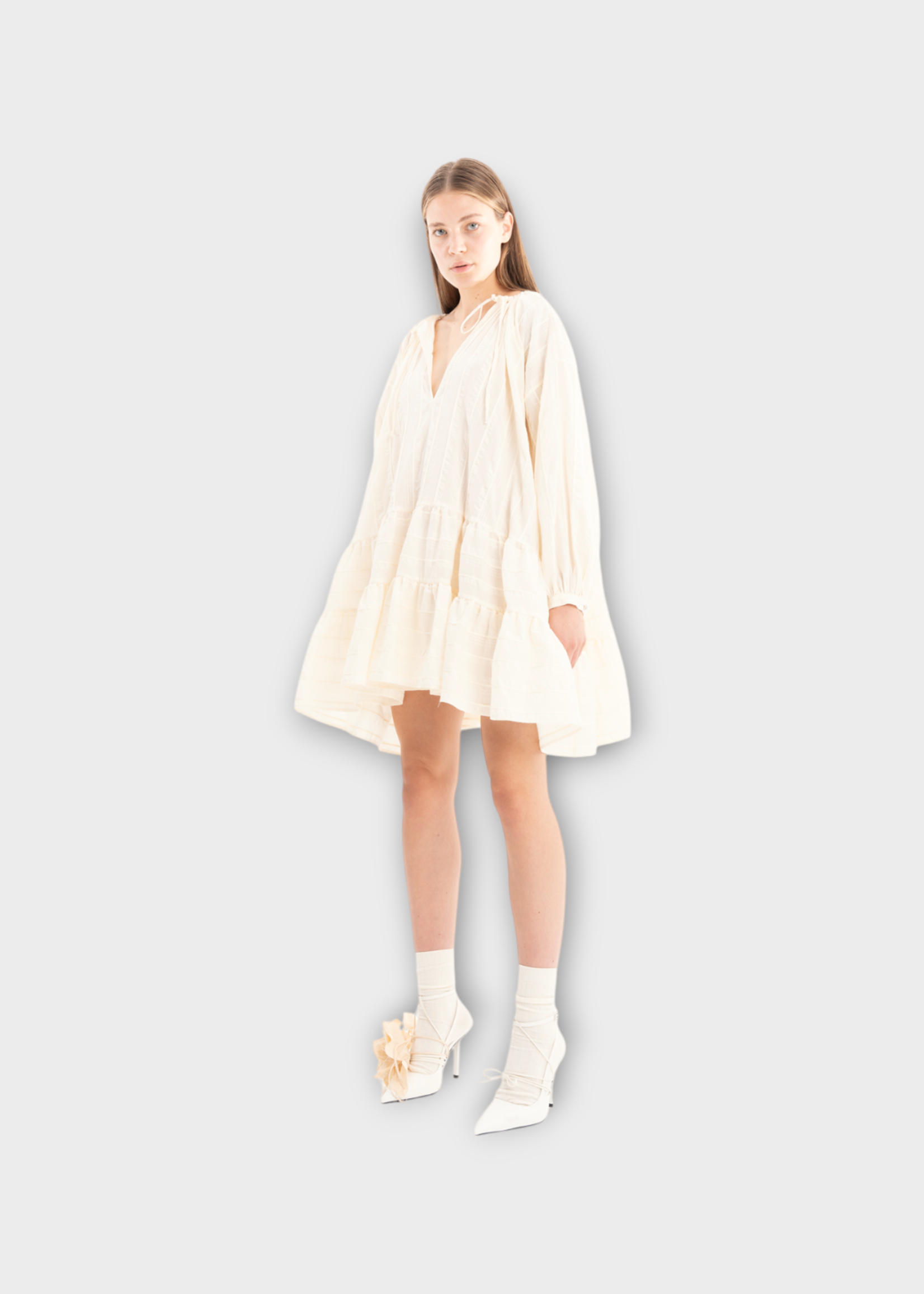 Marques' Almeida Marques Almeida Dress, Beige, Cotton Loose Fit Long Sleeve Tier Gathered Shirting Dress In Beige