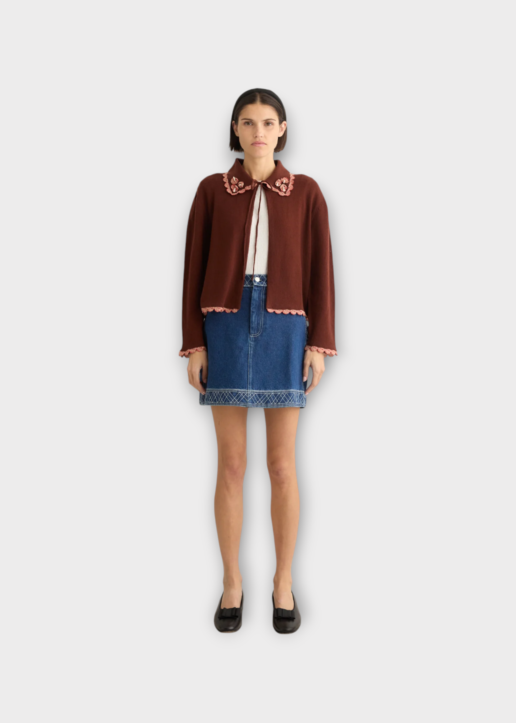 Bode Bode Knitwear, Brown, Rookie Embroidered Scallop Collar Open Cardigan