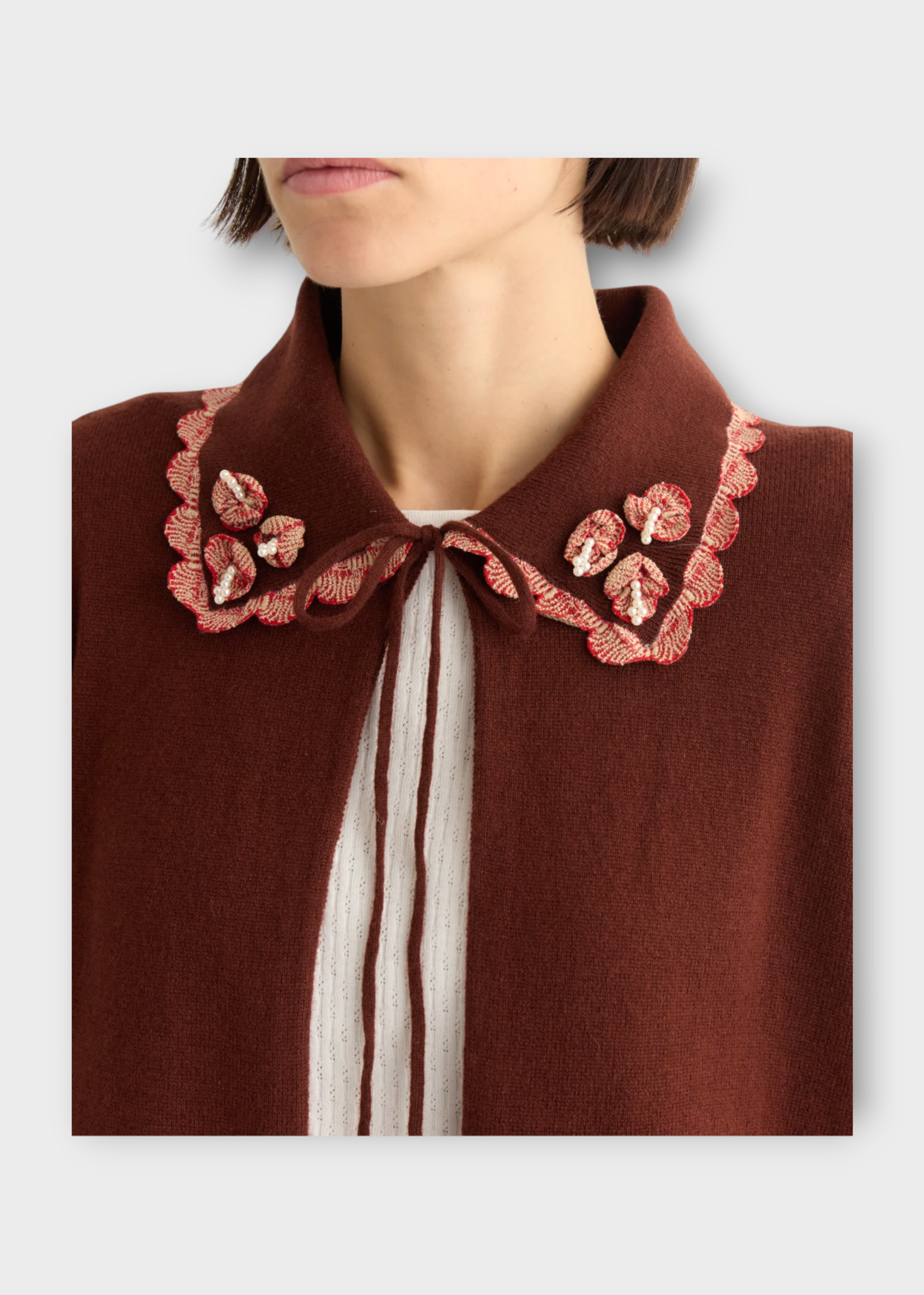 Bode Bode Knitwear, Brown, Rookie Embroidered Scallop Collar Open Cardigan
