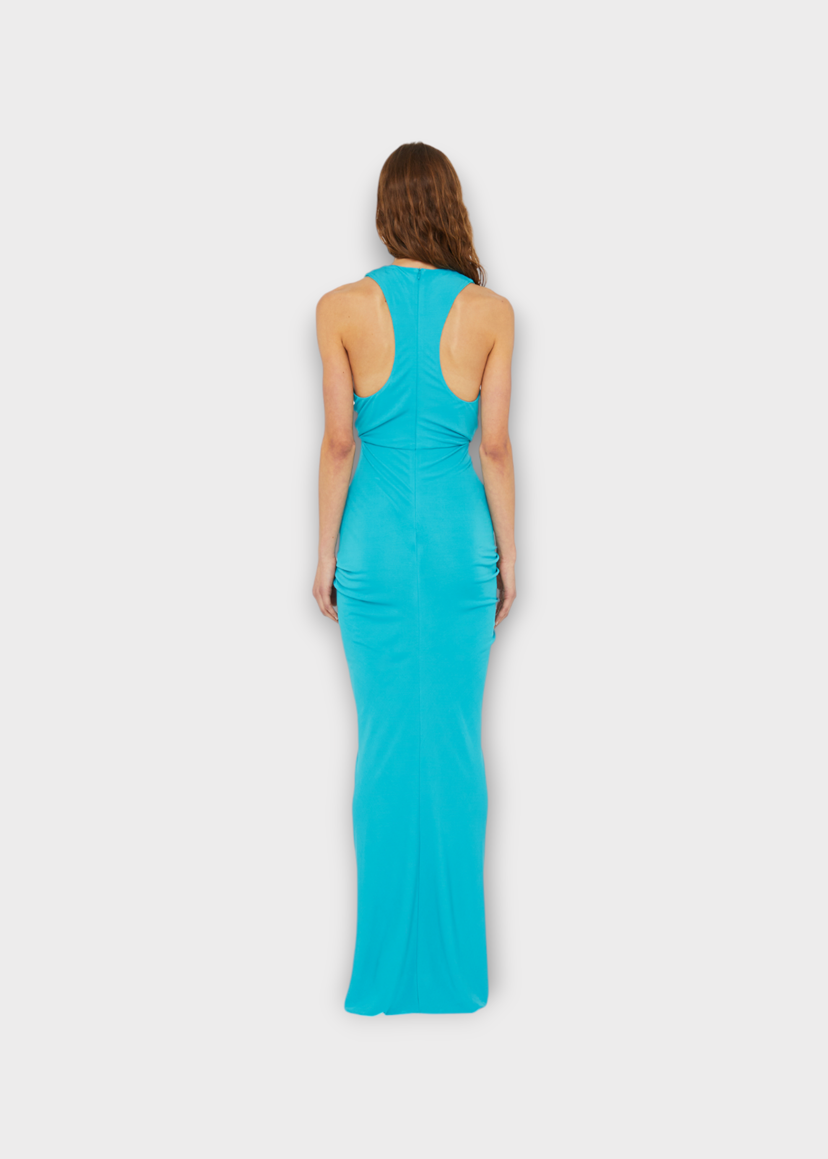 Christopher Esber Christopher Esber Dress, Blue, Vivenda Sleeveless Drape Front Long Dress In Teal w/ Cut Out Detail