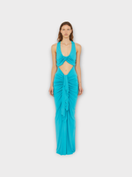 Christopher Esber Christopher Esber Dress, Blue, Vivenda Sleeveless Drape Front Long Dress In Teal w/ Cut Out Detail