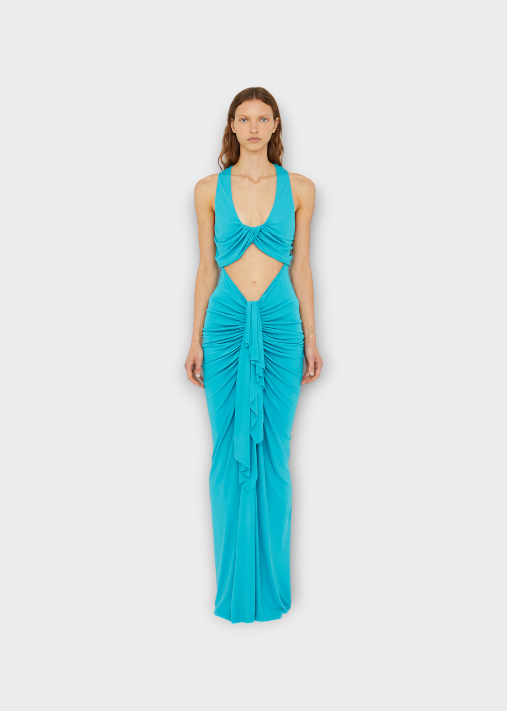 Christopher Esber Christopher Esber Dress, Blue, Vivenda Sleeveless Drape Front Long Dress In Teal w/ Cut Out Detail