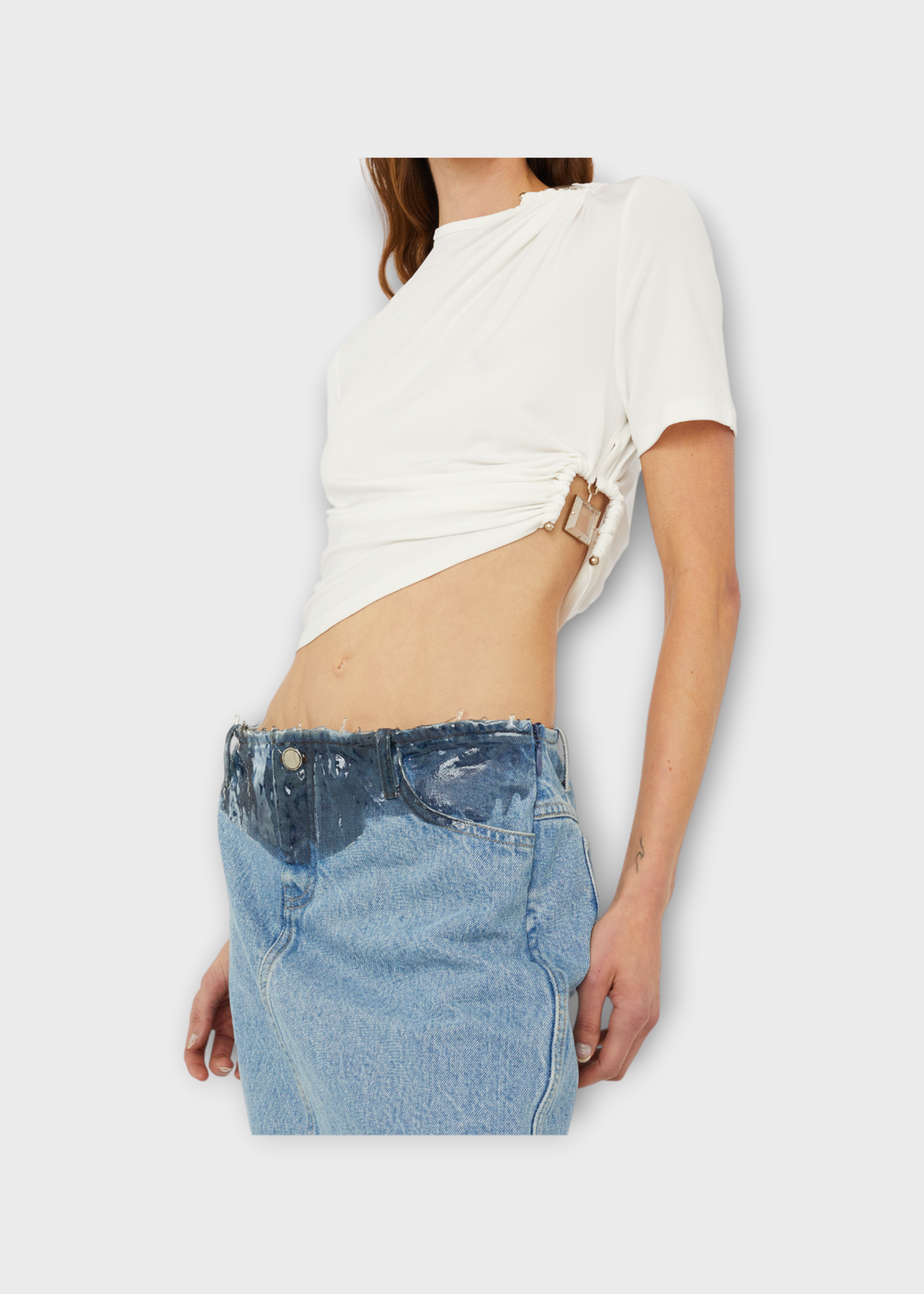 Christopher Esber Christopher Esber T-Shirt, White, Crew Neck Ruched T-Shirt In White w/ Bezel Quartz Detail