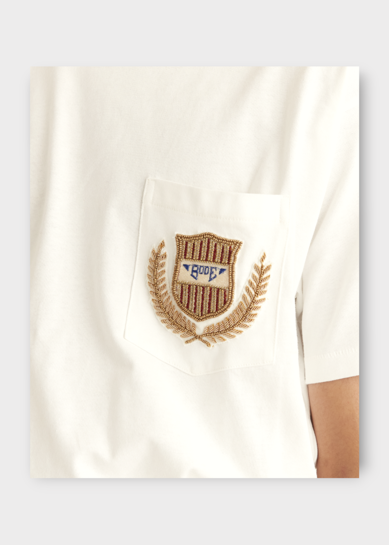 Bode Bode T-Shirt, White, Sportsman Patch Pocket T-Shirt In Cream w/ Beads
