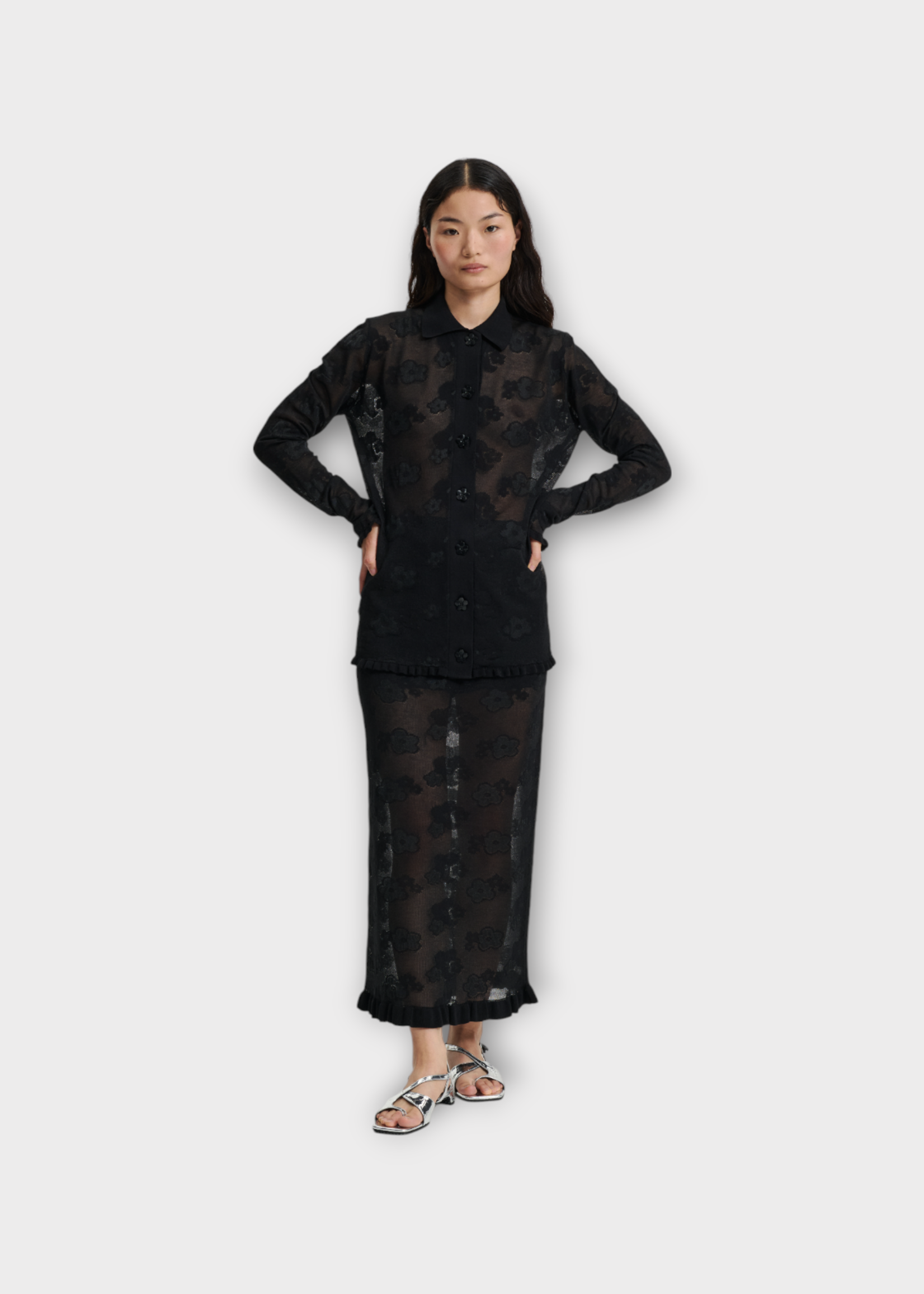 Cecilie Bahnsen Cecilie Bahnsen Knitwear, Black, Petra Cotton Boxy Fit Collared Cardigan in Black w/ Floral Jacquard