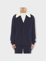 Lanvin Lanvin Knitwear, Navy, Two Layers V-Neck Buttoned Cardigan In Navy Blue w/ Pockets
