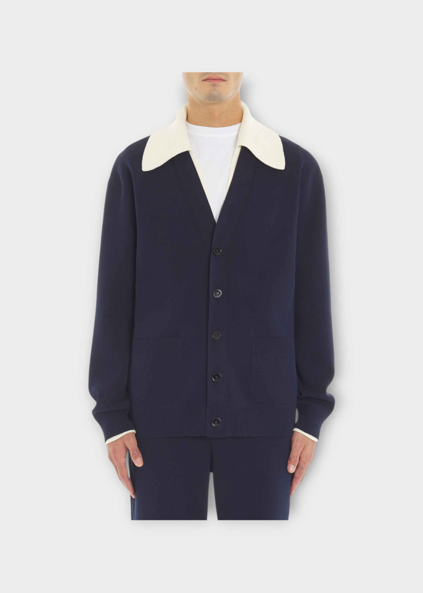Lanvin Lanvin Knitwear, Navy, Two Layers V-Neck Buttoned Cardigan In Navy Blue w/ Pockets