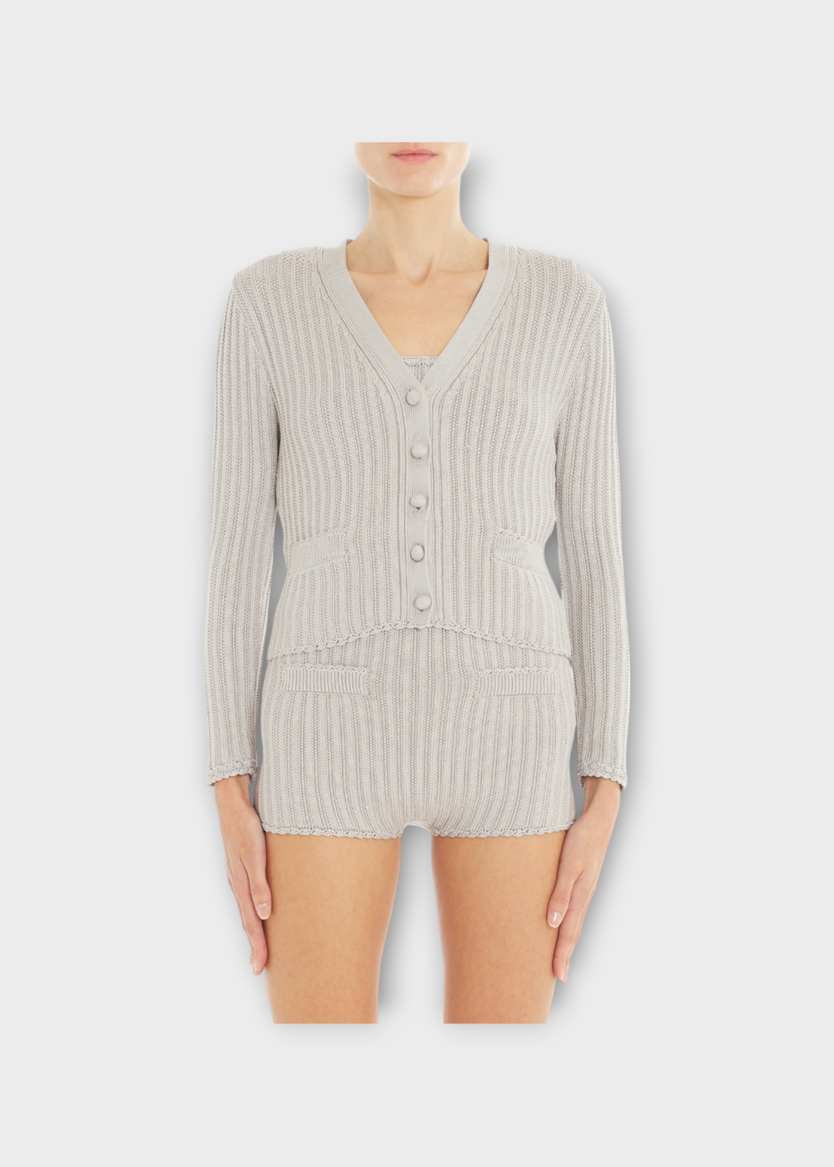 Lanvin Lanvin Knitwear, Grey, V-Neck Buttoned Ribbed Cardigan In Mink w/ Pockets