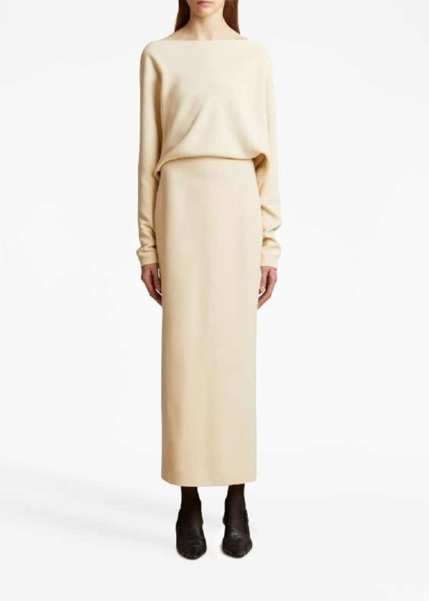 Khaite Khaite Dress, White, June Long Sleeve Drop Shoulder Pencil Skirt Dress In Custard