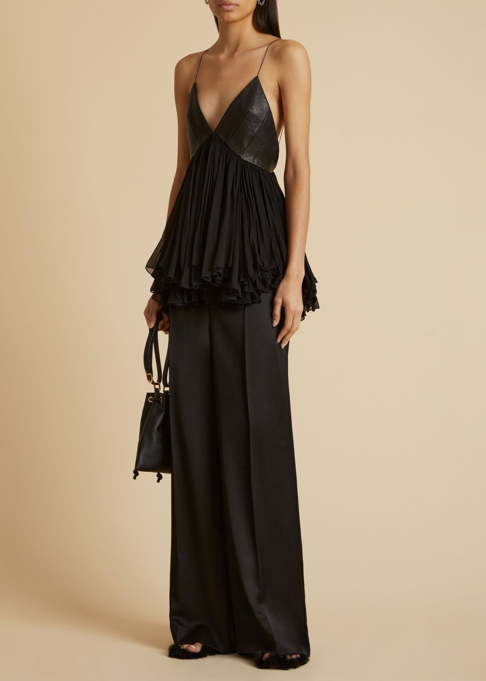 Khaite Khaite Top, Black, Anita Top Textured Lamb Leather Sleeveless Pleated Top
