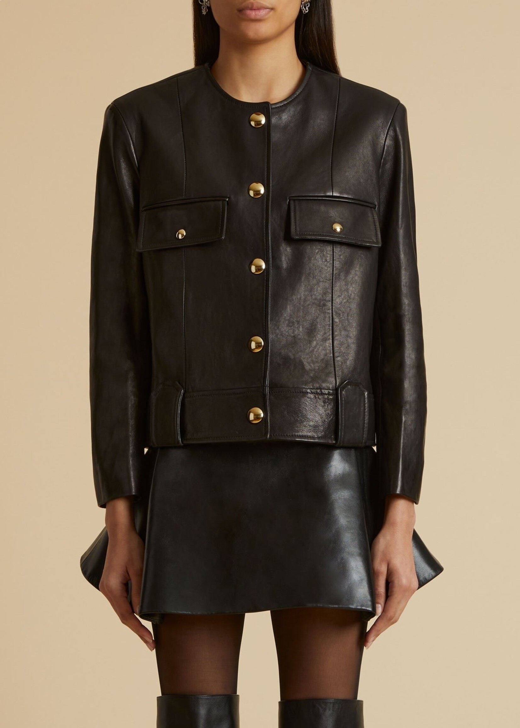 Khaite Khaite Jacket, Black, Laybin Lamb Leather Crew Neck Button Up Cropped Jacket w/ Flap Pockets