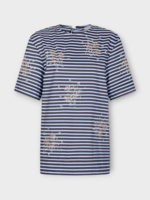 Rabanne Rabanne Top, Multi, Cotton Stripes Short Sleeve Top In Black, Blue & White w/ Beads & Crystals