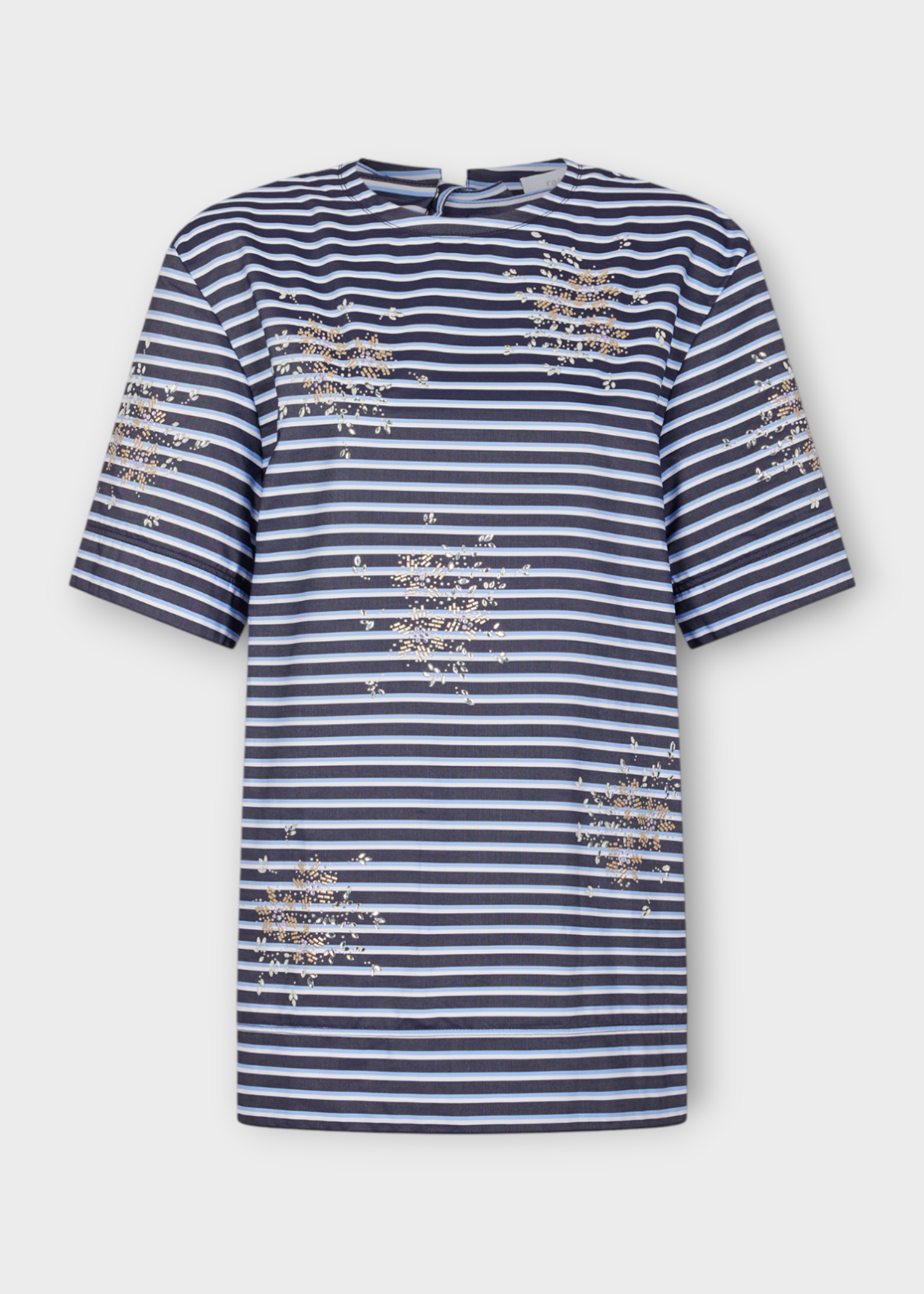Rabanne Rabanne Top, Multi, Cotton Stripes Short Sleeve Top In Black, Blue & White w/ Beads & Crystals