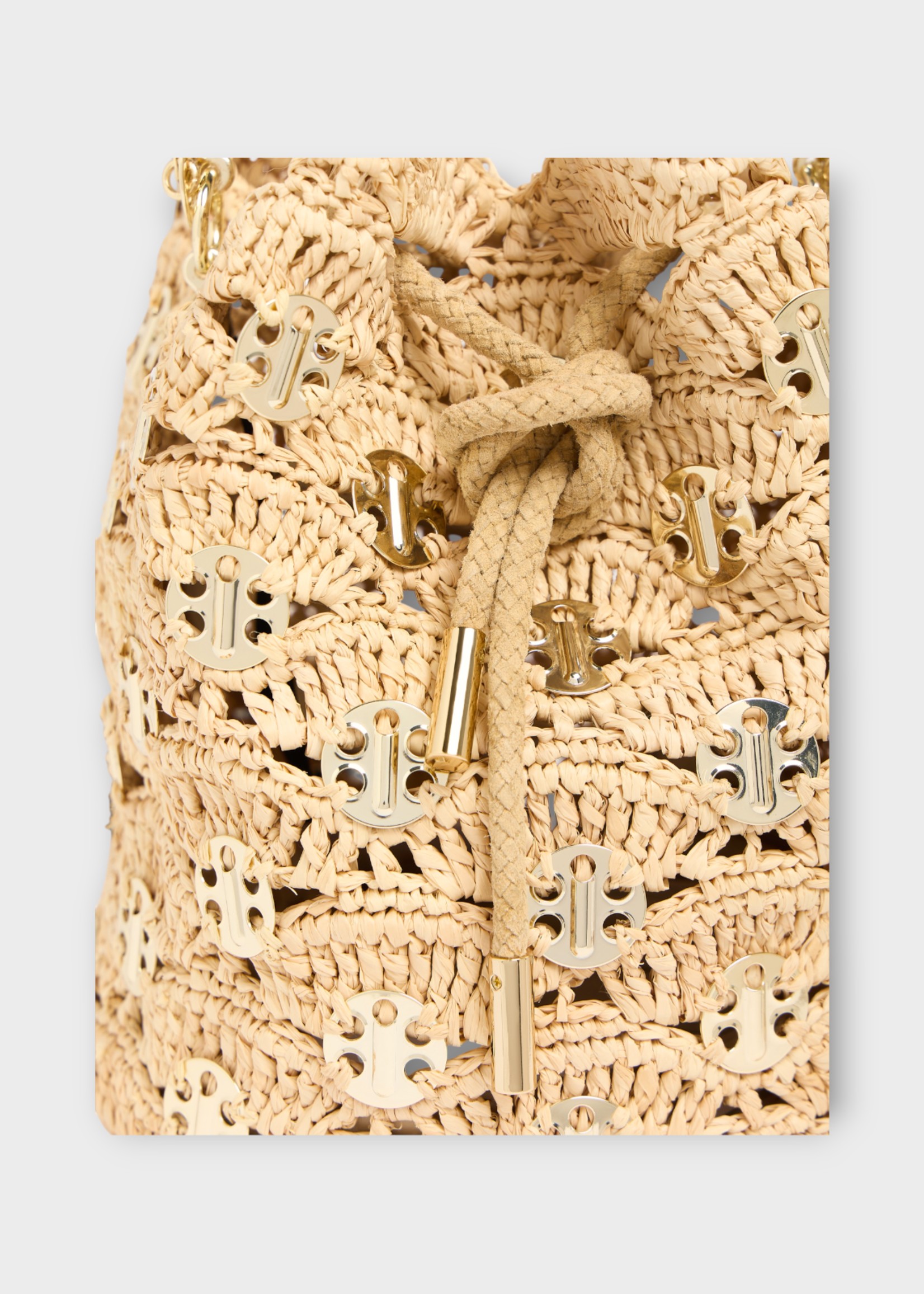 Rabanne Rabanne Bag, Beige, Raphia Pattern 69 Chips Bucket Bag In Natural & Light Gold
