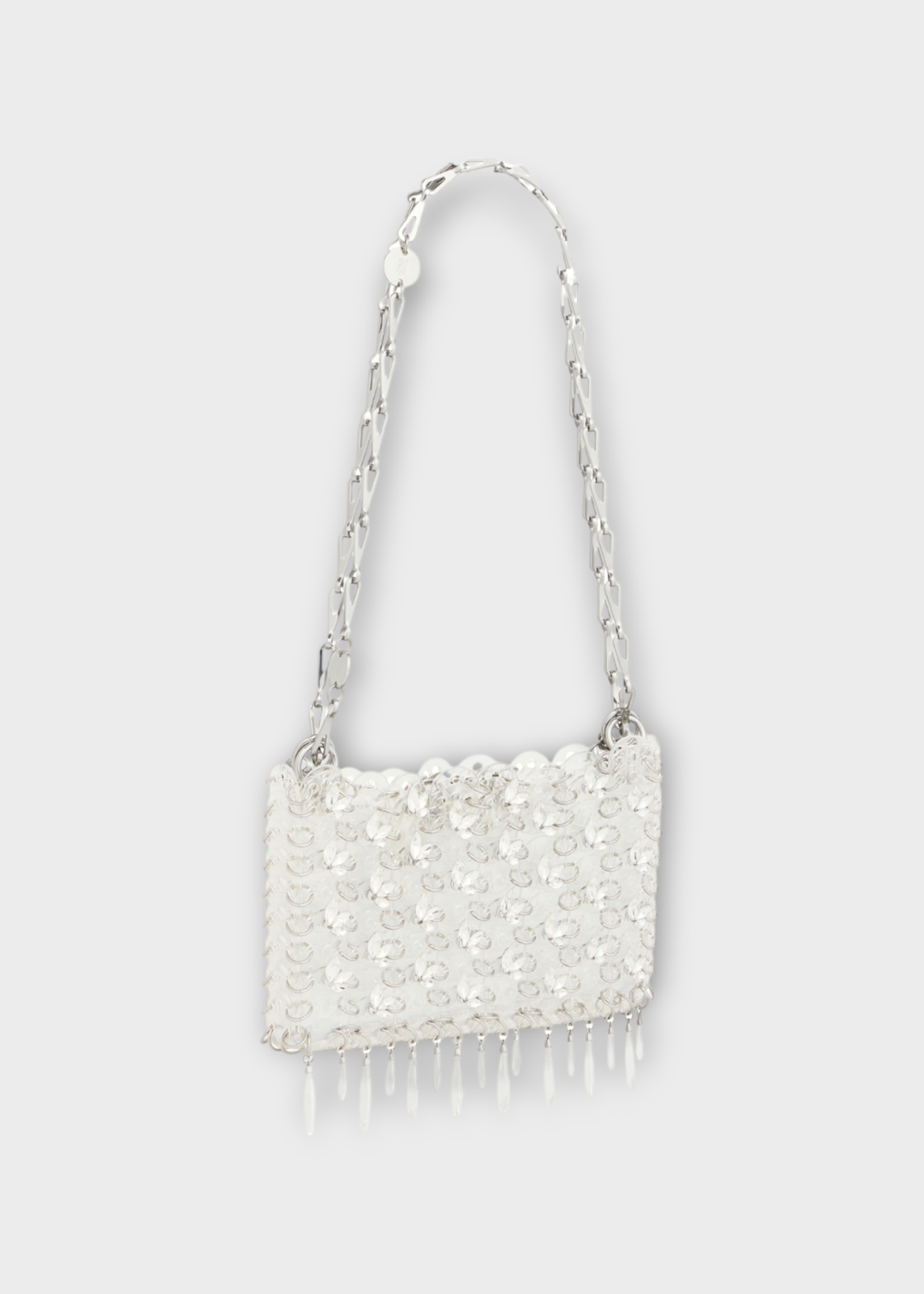 Rabanne Rabanne Bag, Silver, Resin 1969 Transparent Disc Shoulder Bag In Transparent & Silver w/ Silver Chain & Crystals Embelishment