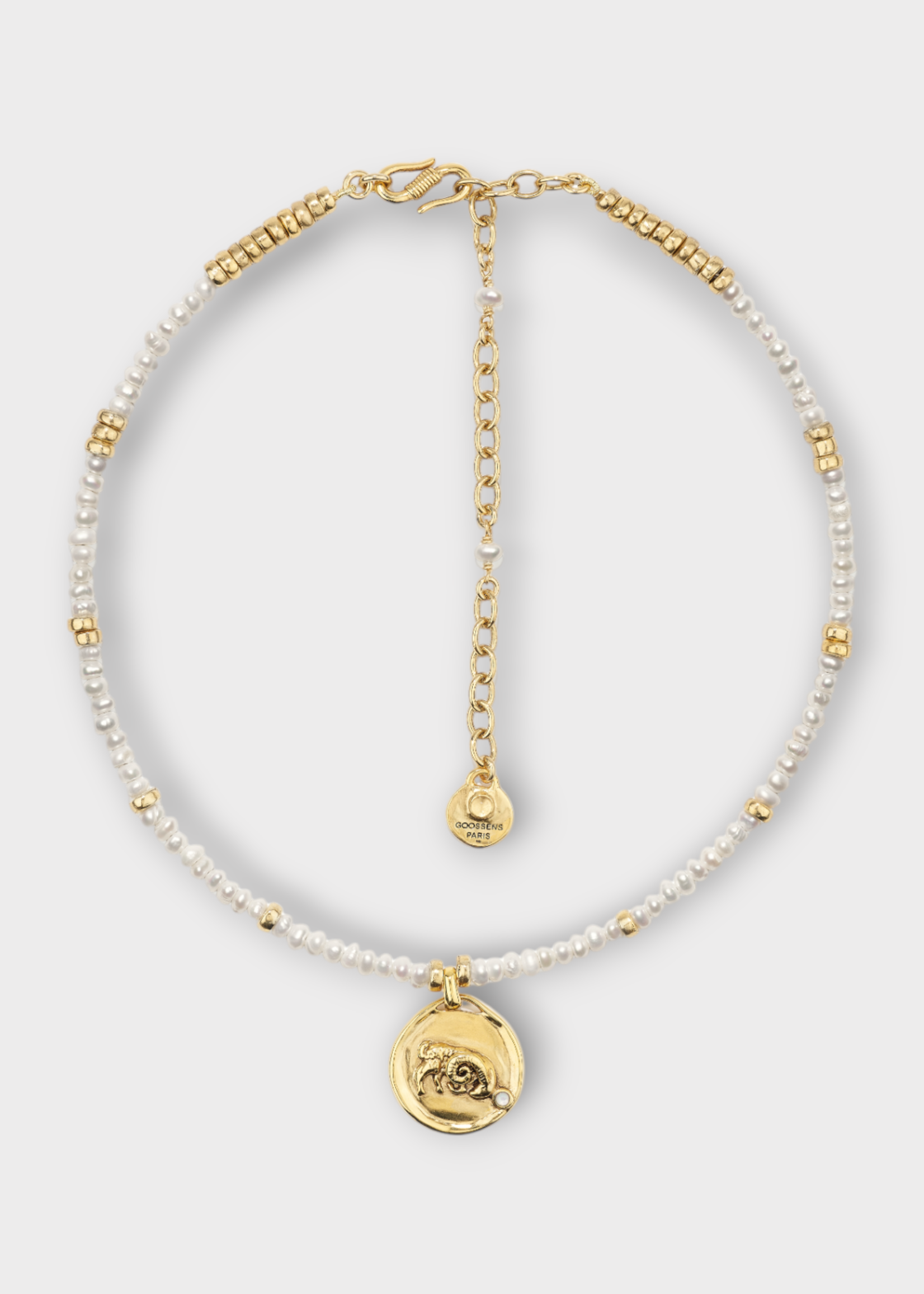 Goossens Goossens Necklace, Multi, Astro 24K Gold Pleated & Pearls Choker w/ Aries Pendant