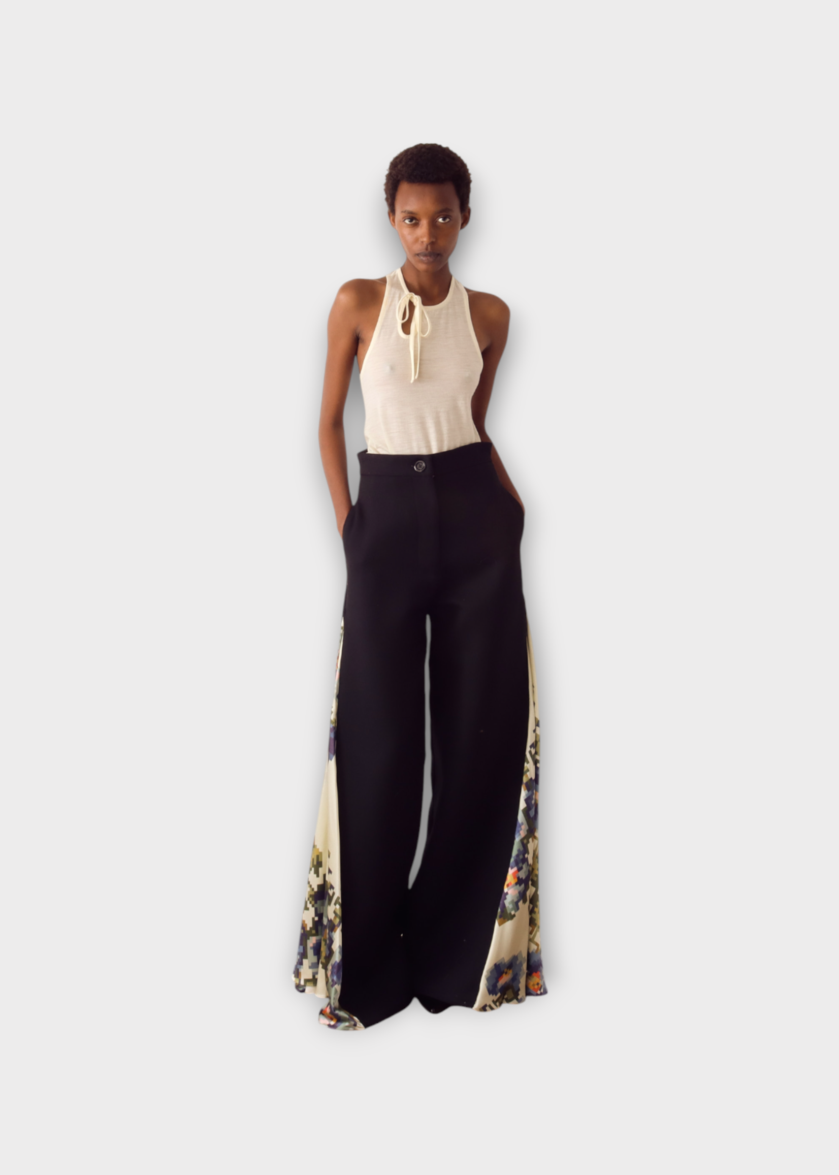 S.S.Daley S.S. Daley Trousers, Black, Audrey Silk & Tailoring Wool Wide Leg Trousers In Black & Printed Satin #16