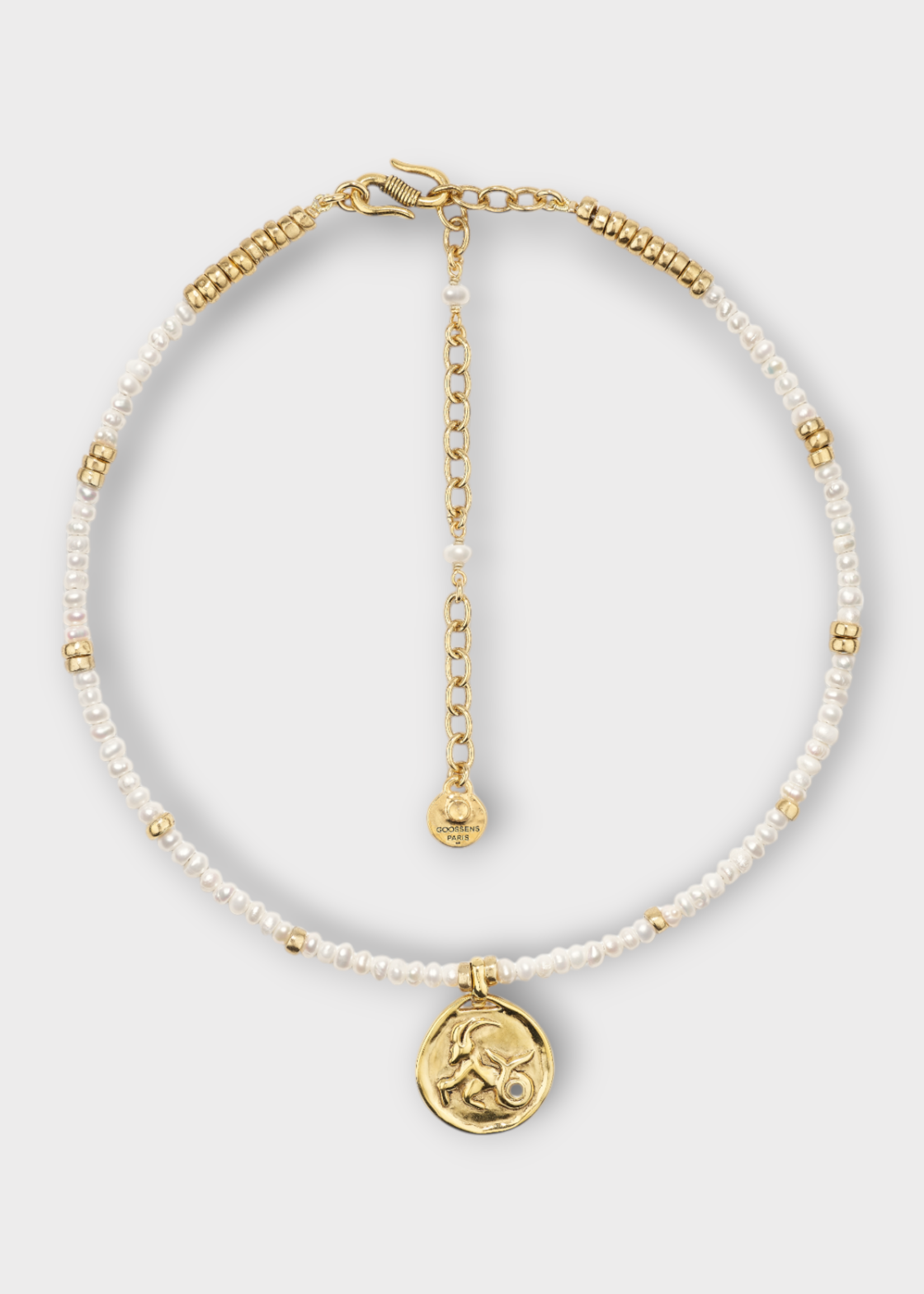 Goossens Goossens Necklace, Multi, Astro 24K Gold Pleated & Pearls Choker w/ Capricorn Pendant