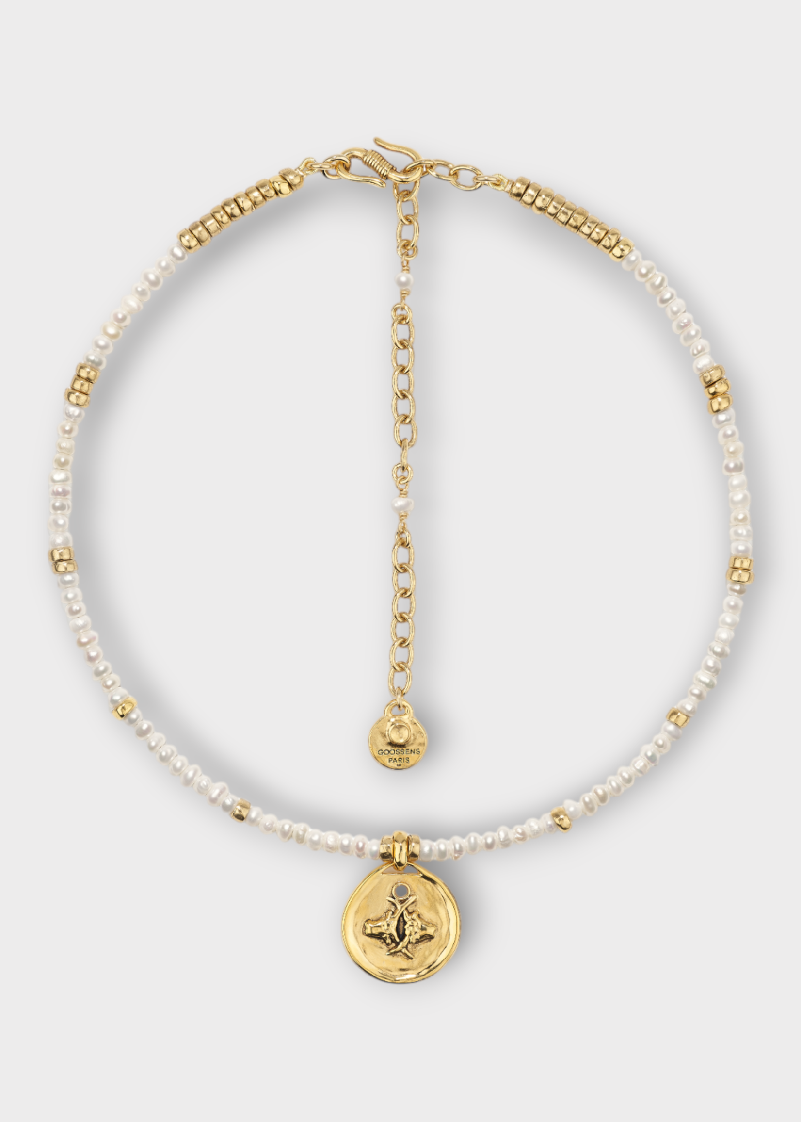 Goossens Goossens Necklace, Multi, Astro 24K Gold Pleated & Pearls Choker w/ Taurus Pendant