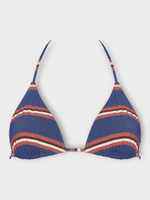 Eres Eres Swimwear, Print, Flots Striped Small Triangle Bikini Top In Denim Blue Brown & Off White w/ Rayure Denim Print