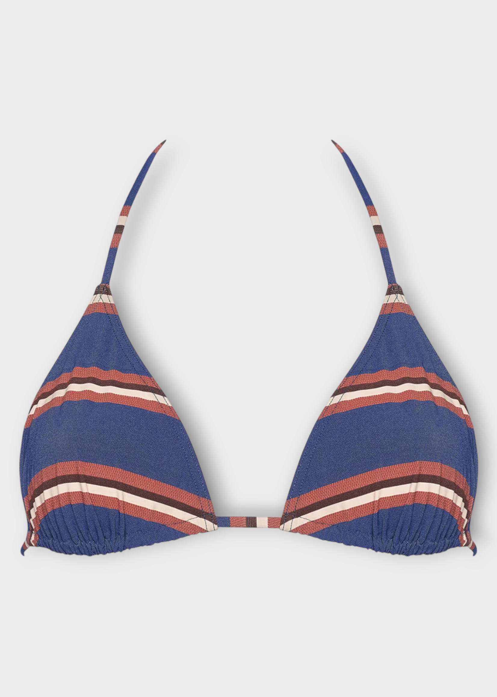 Eres Eres Swimwear, Print, Flots Striped Small Triangle Bikini Top In Denim Blue Brown & Off White w/ Rayure Denim Print